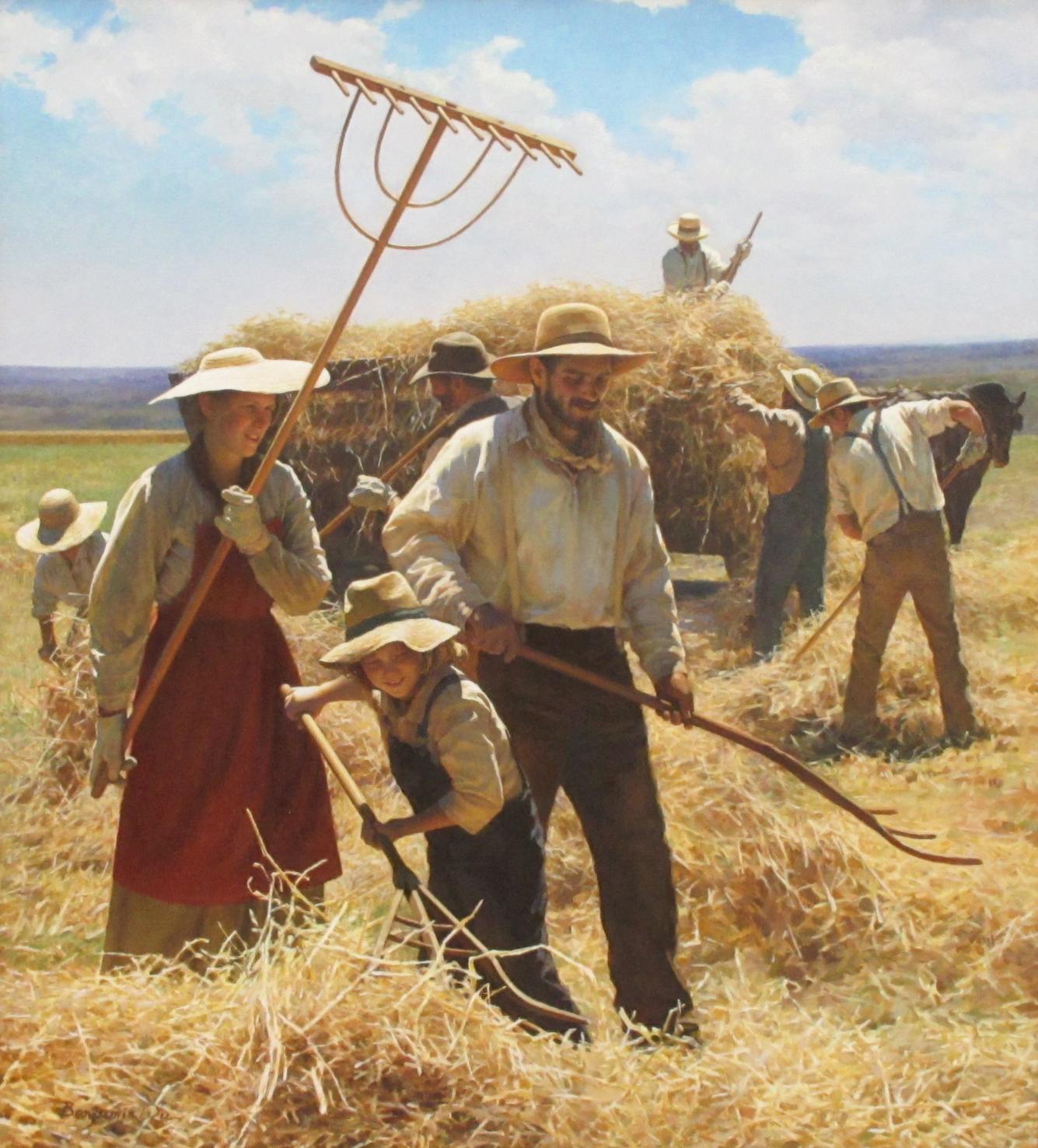 Load Up The Hay Wagon - Realist Painting by Benjamin Wu