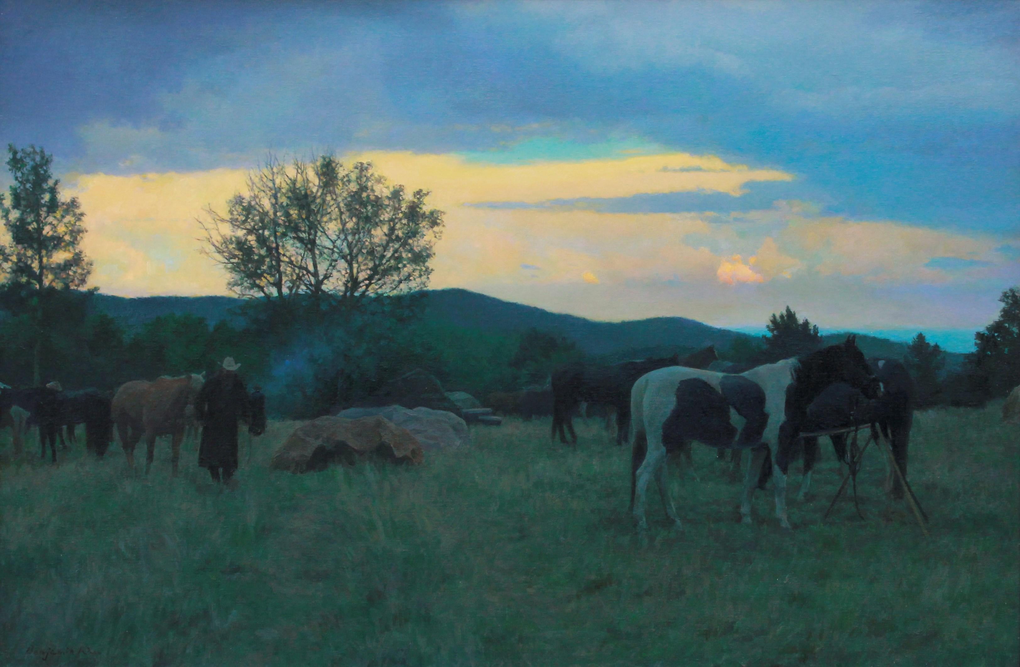 Riders Camp at Dusk - Realist Painting by Benjamin Wu