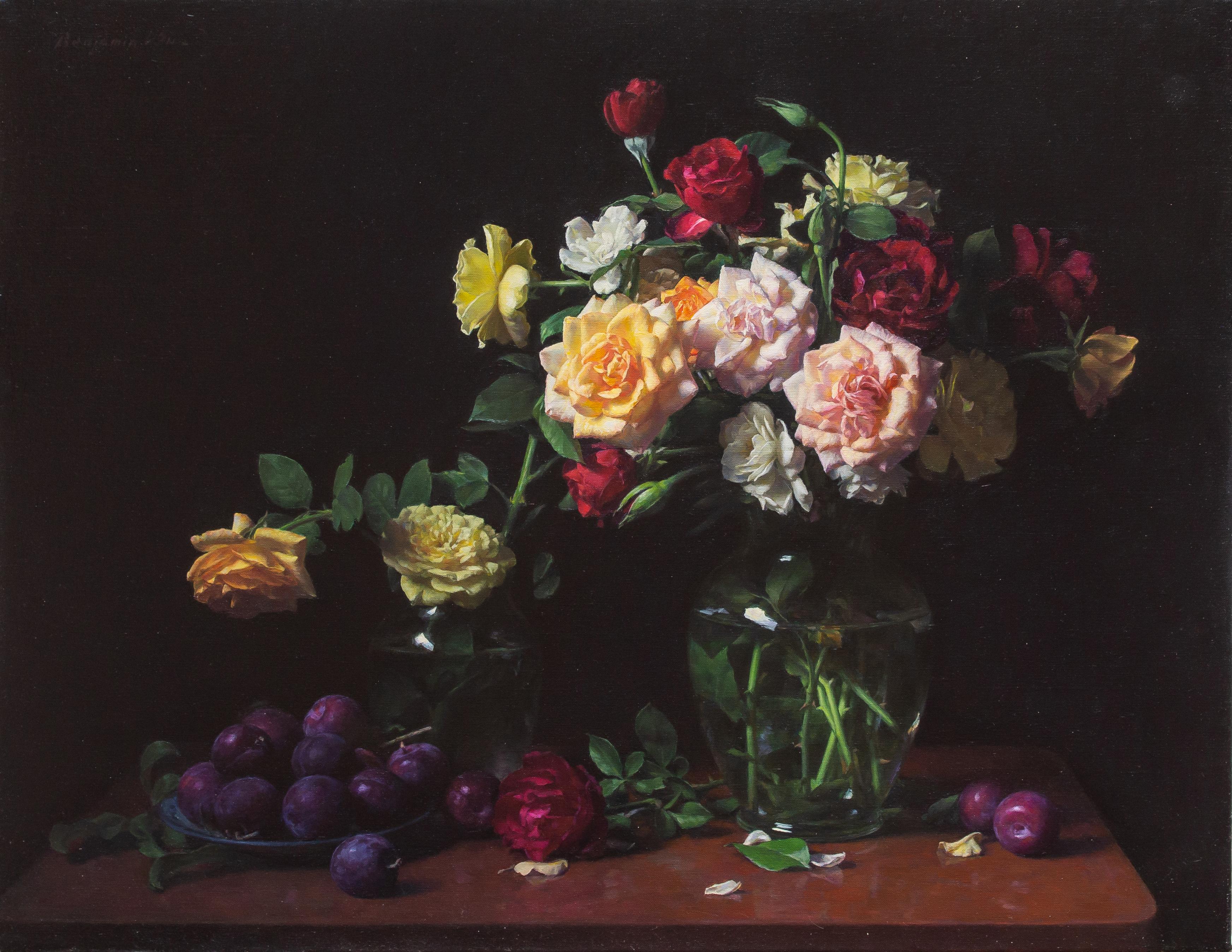 Arreglo de Rosas con Ciruelas - Painting Realista de Benjamin Wu