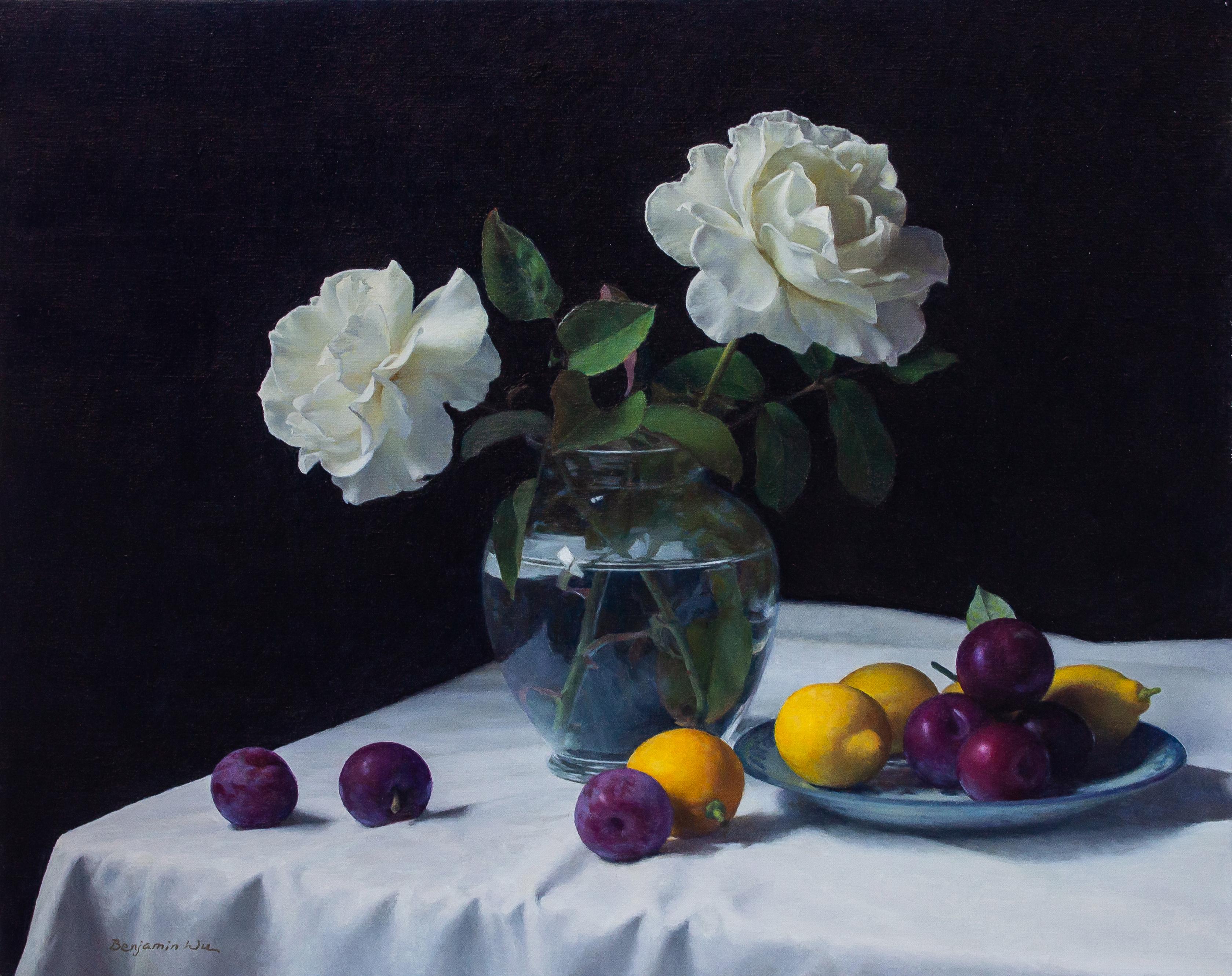 White Roses with Lemons and Plums - Realist Painting by Benjamin Wu