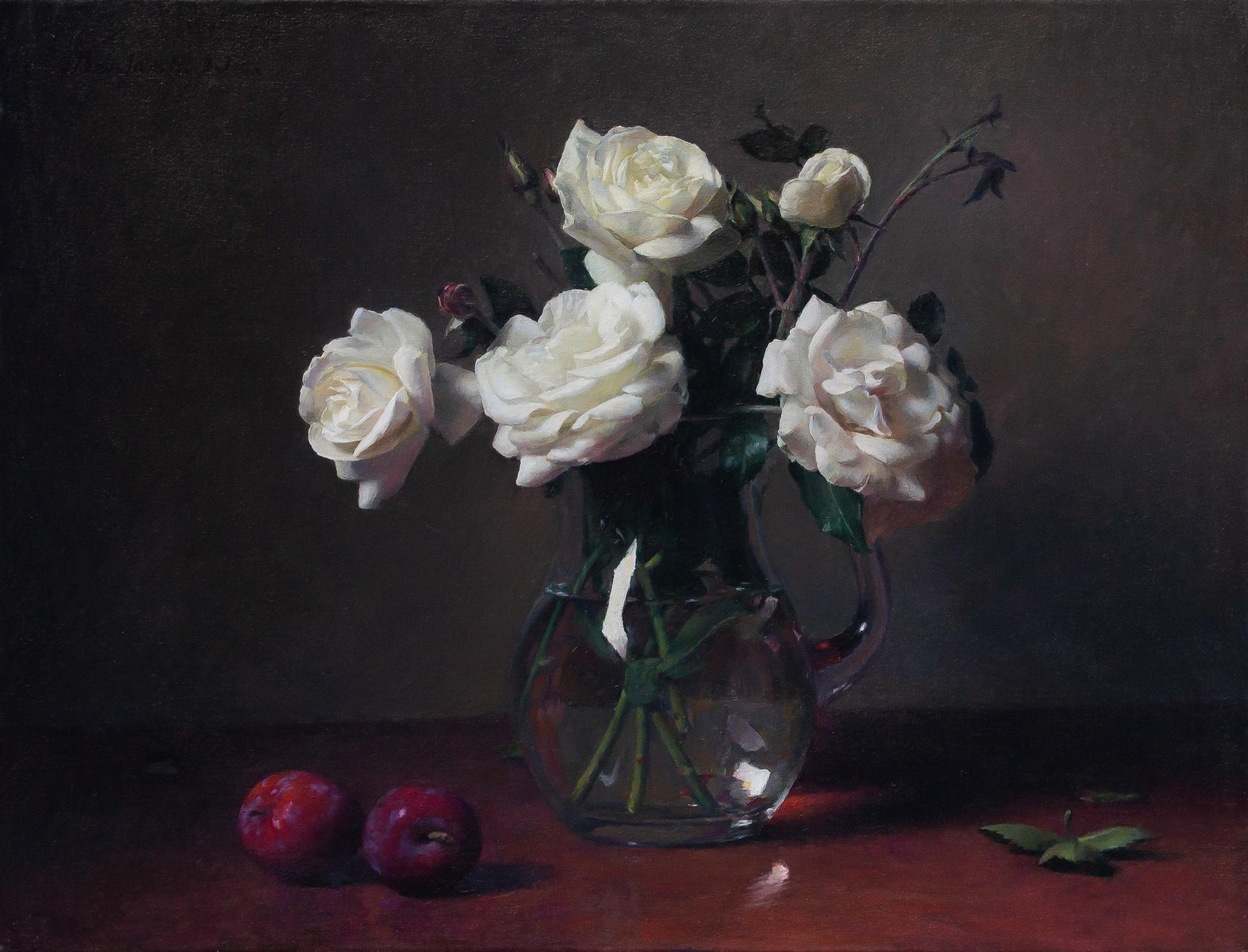 Rosas blancas con ciruelas - Painting Realista de Benjamin Wu