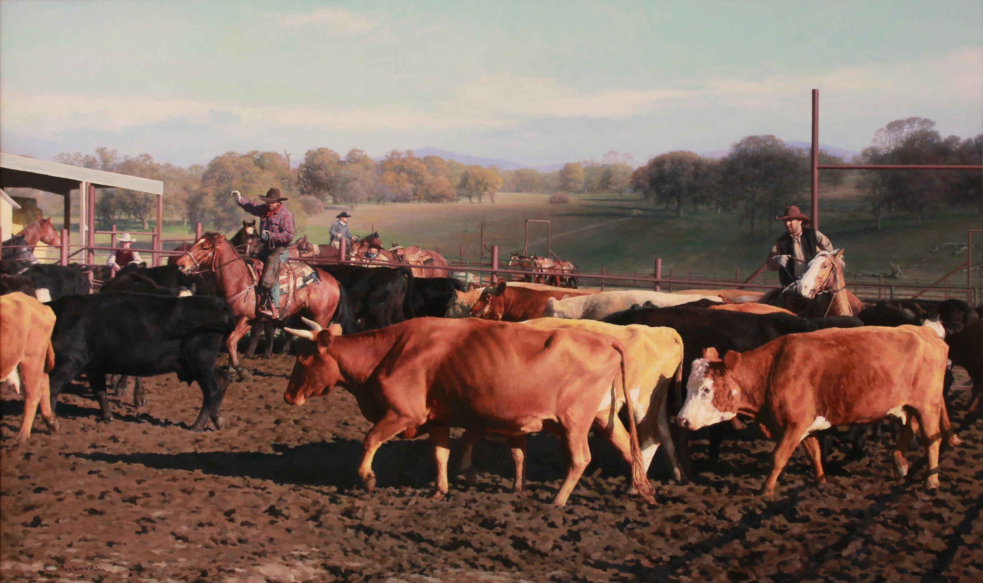 Lavorare in un recinto di bestiame - Painting Realismo di Benjamin Wu