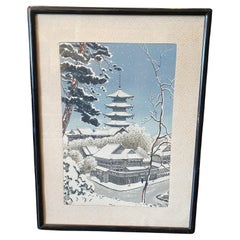 Benji Asada Signed Japanese Woodblock Print Pagoda at Yasaka in Winter Snow