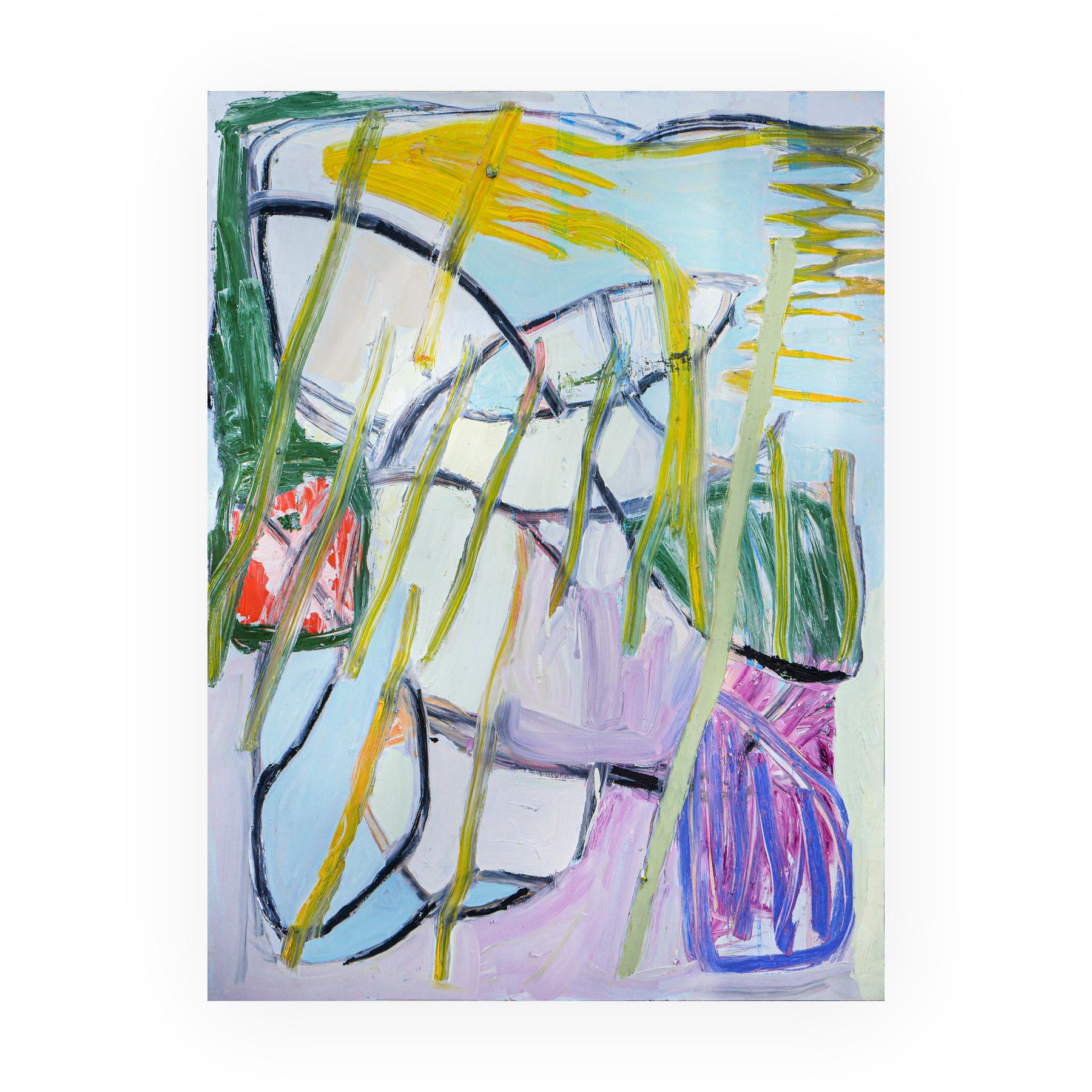 Contemporary colorful pastel abstract painting by local Houston artist Benji Stiles. The painting depicts pastel purple, blue, dark green, and a bright yellow streak. Unframed but framing options are available. Signed, titled, and dated by the