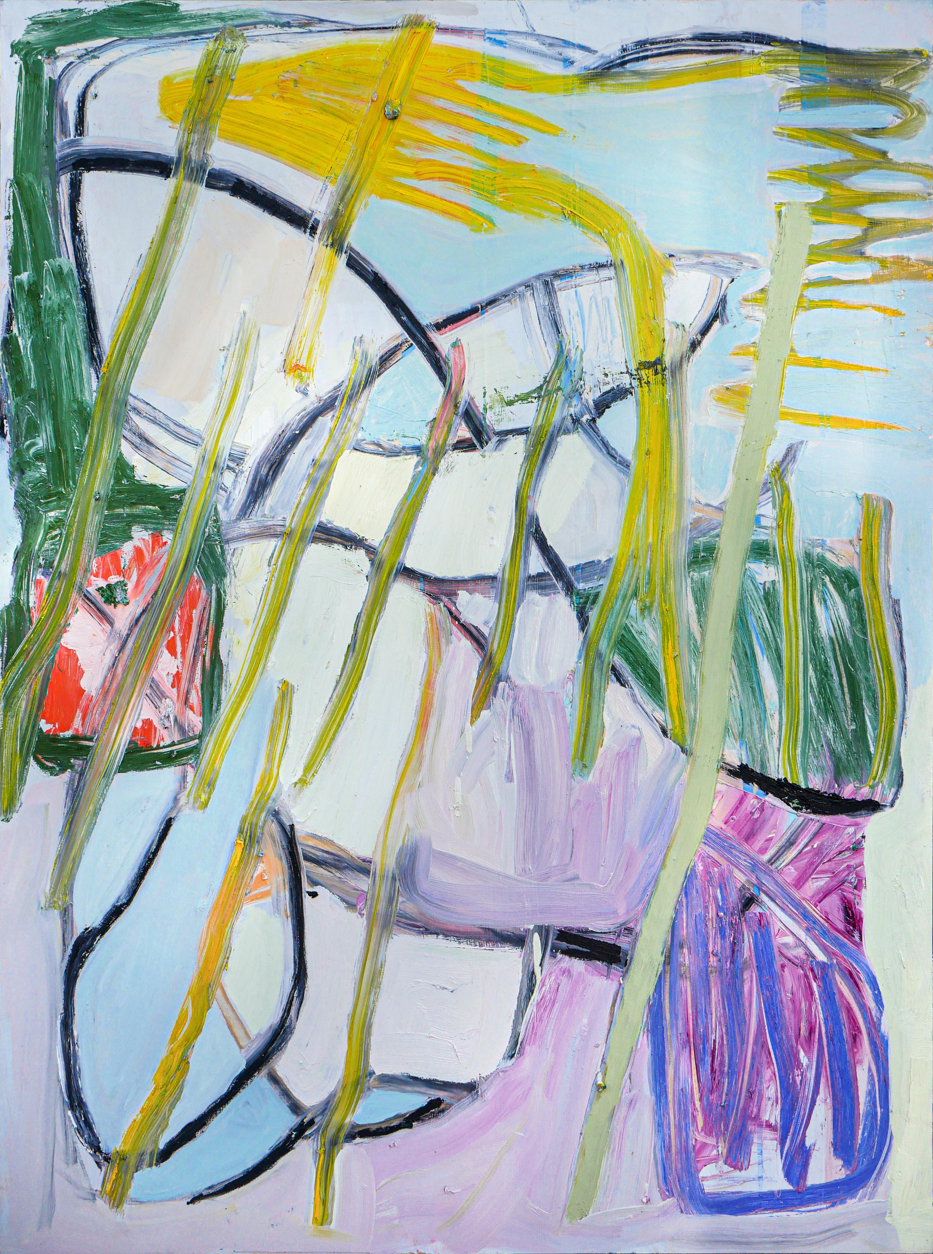 Peinture contemporaine abstraite violette, verte, bleue et jaune n° 14