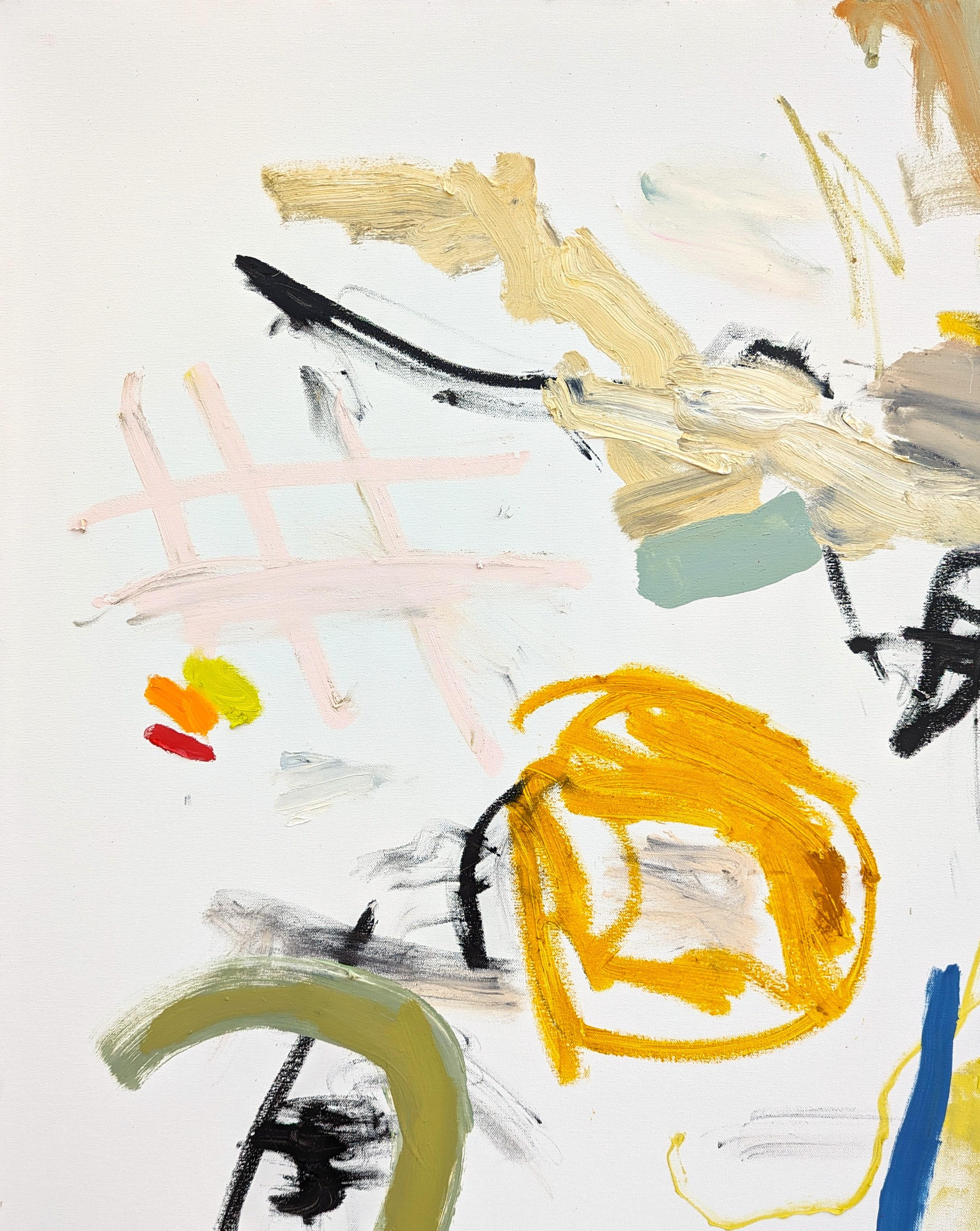 Abstraktes expressionistisches Ölgemälde des zeitgenössischen Künstlers Benji Stiles aus Houston. Das Werk zeigt gestische Zeichen in pastellfarbenem Orange, Gelb und Grün vor einem cremefarbenen Hintergrund. Derzeit ungerahmt, aber Optionen sind