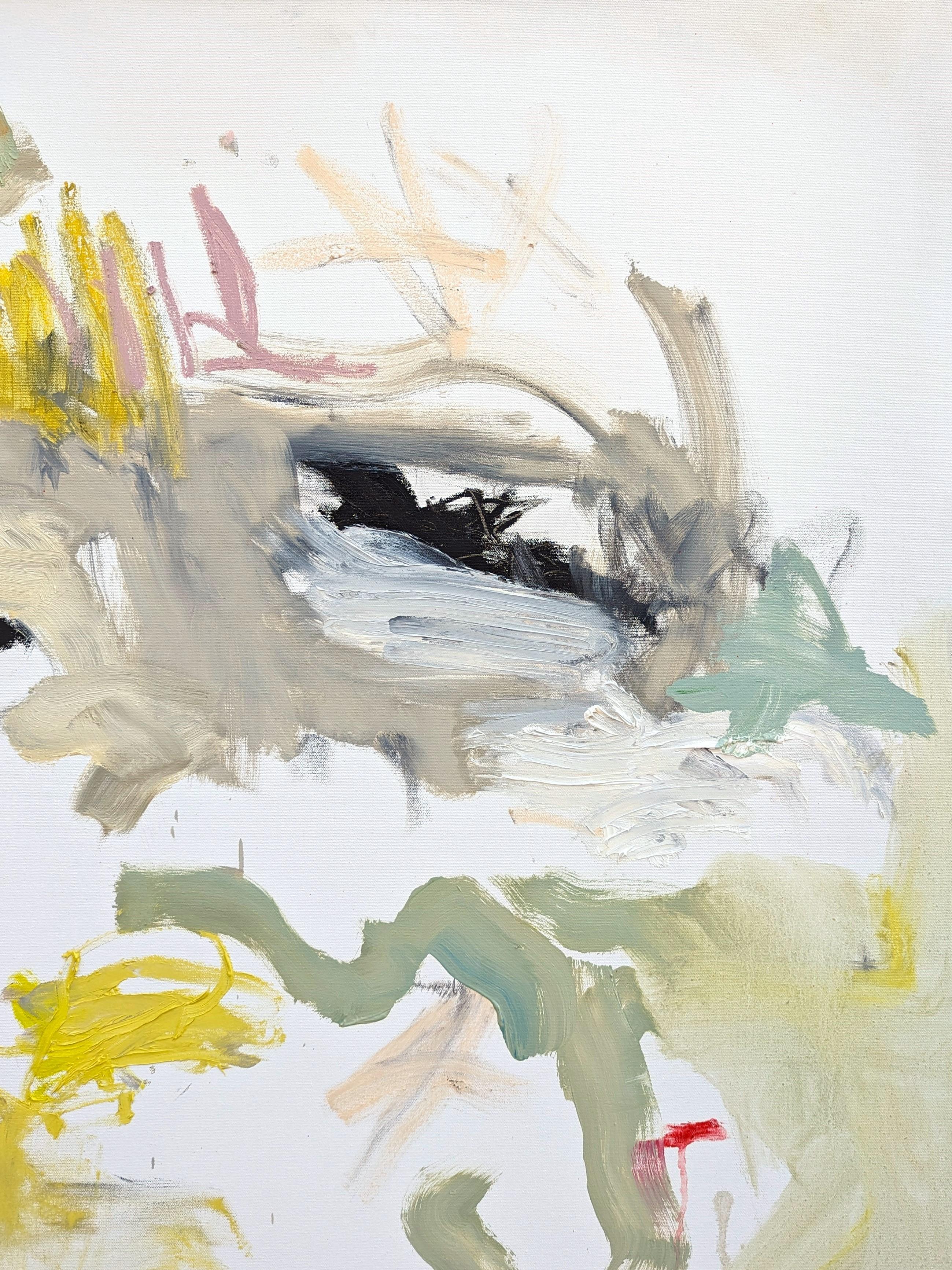 Peinture à l'huile expressionniste abstraite de l'artiste contemporain de Houston Benji Stiles. L'œuvre présente des marques gestuelles en orange, jaune et vert pastel sur un fond blanc cassé. Actuellement non encadré, mais des options sont