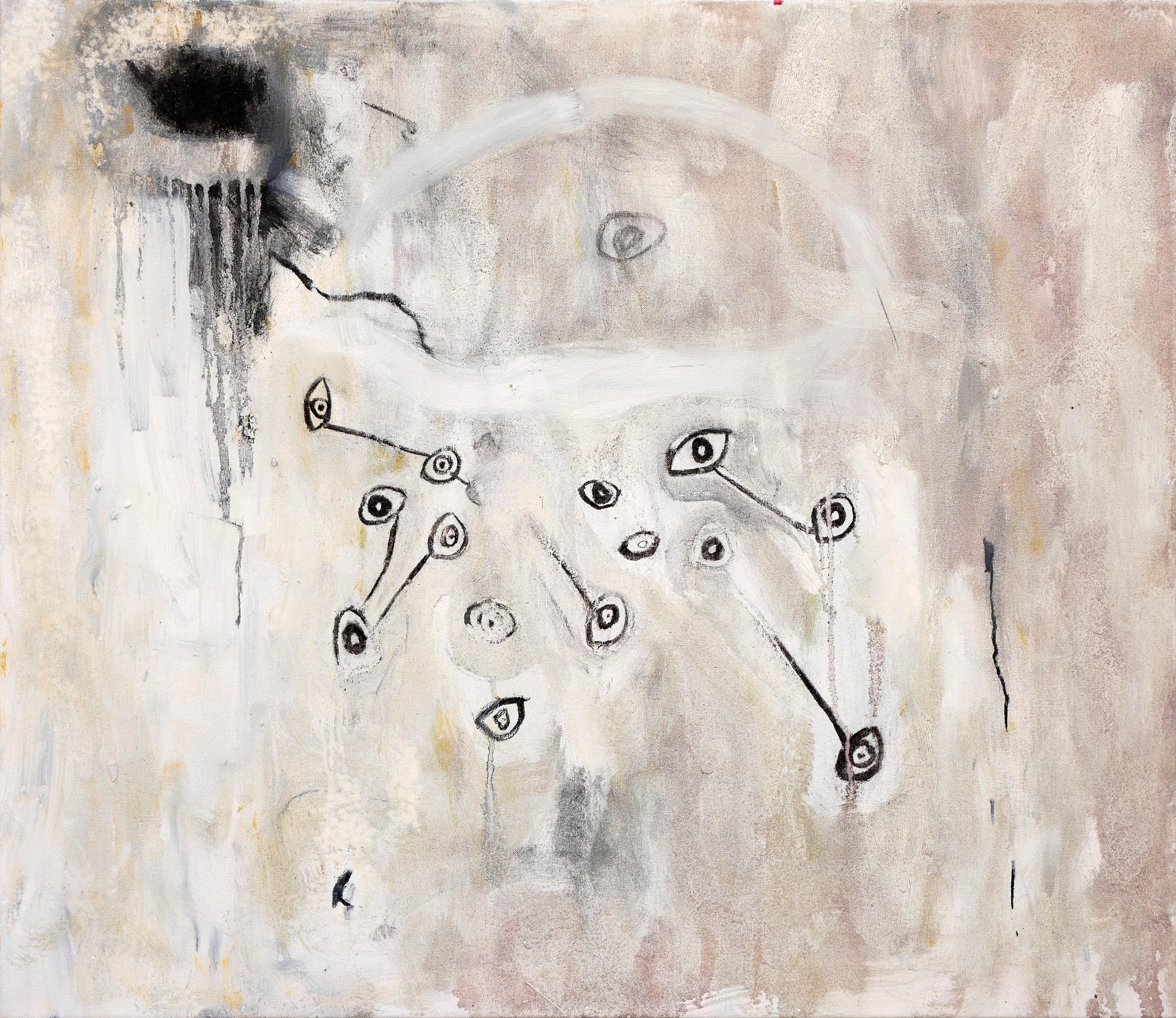 Abstract Painting de Benji Stiles - Pintura Expresionista Abstracta Contemporánea de Técnica Mixta en Blanco, Negro y Crema