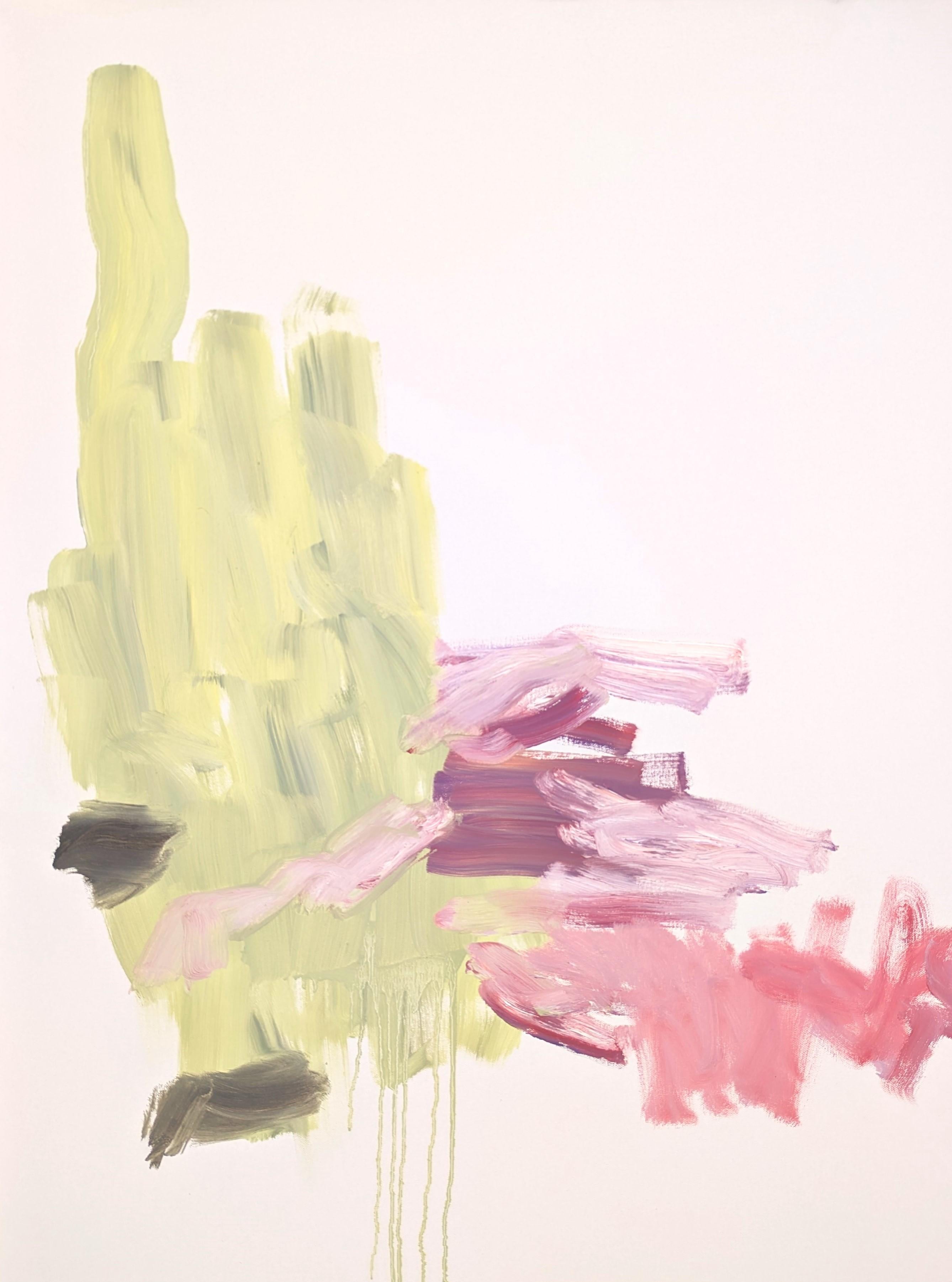 Abstract expressionist oil painting by contemporary Houston artist Benji Stiles. The work features gestural marks in pastel pink, yellow, and green set against an off-white background. Currently unframed, but options are available.

Artist