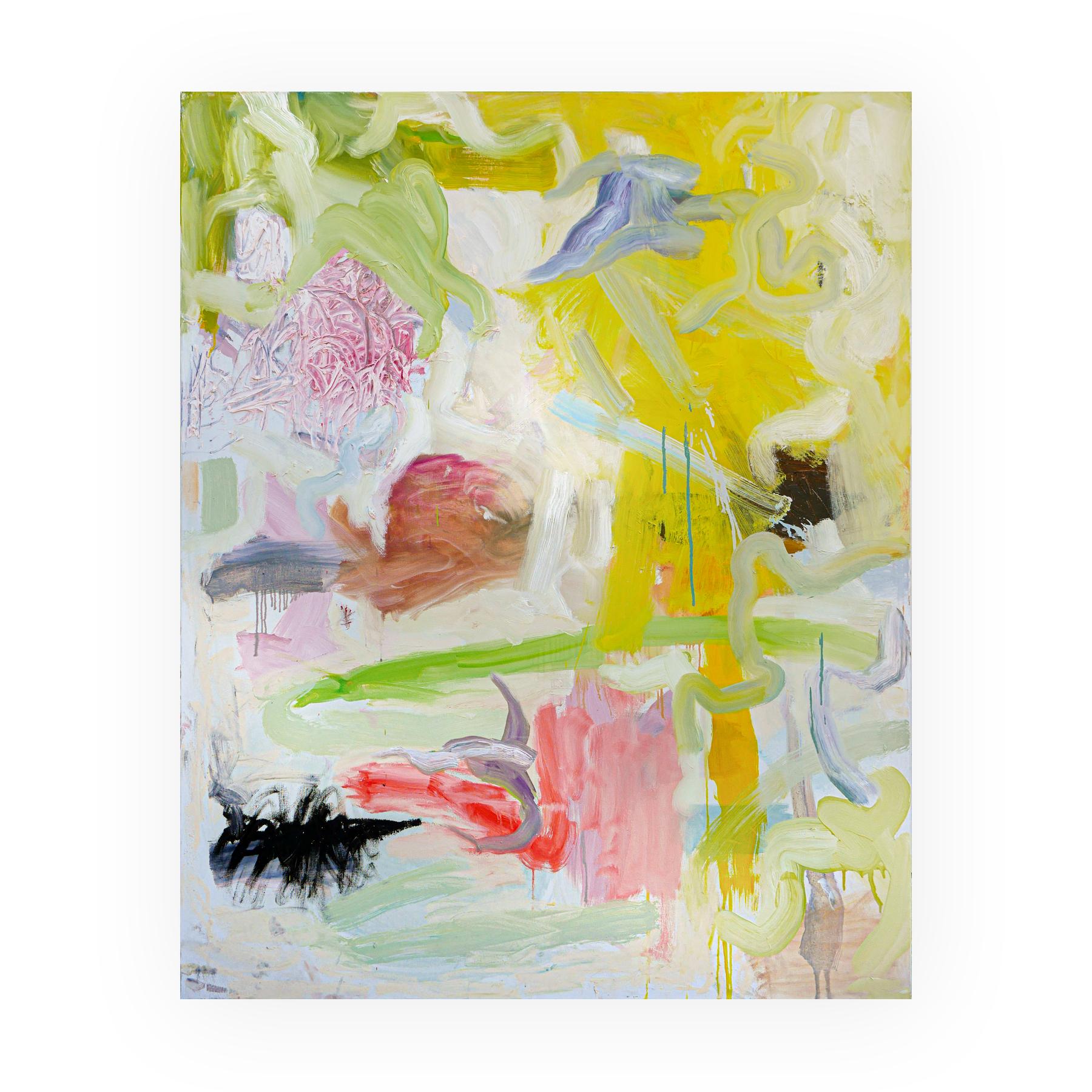 Contemporary colorful pastel abstract painting by local Houston artist Benji Stiles. The painting depicts light green, peach, dark deep blue, and a bright red shape against a light green and gray background. Unframed but framing options are