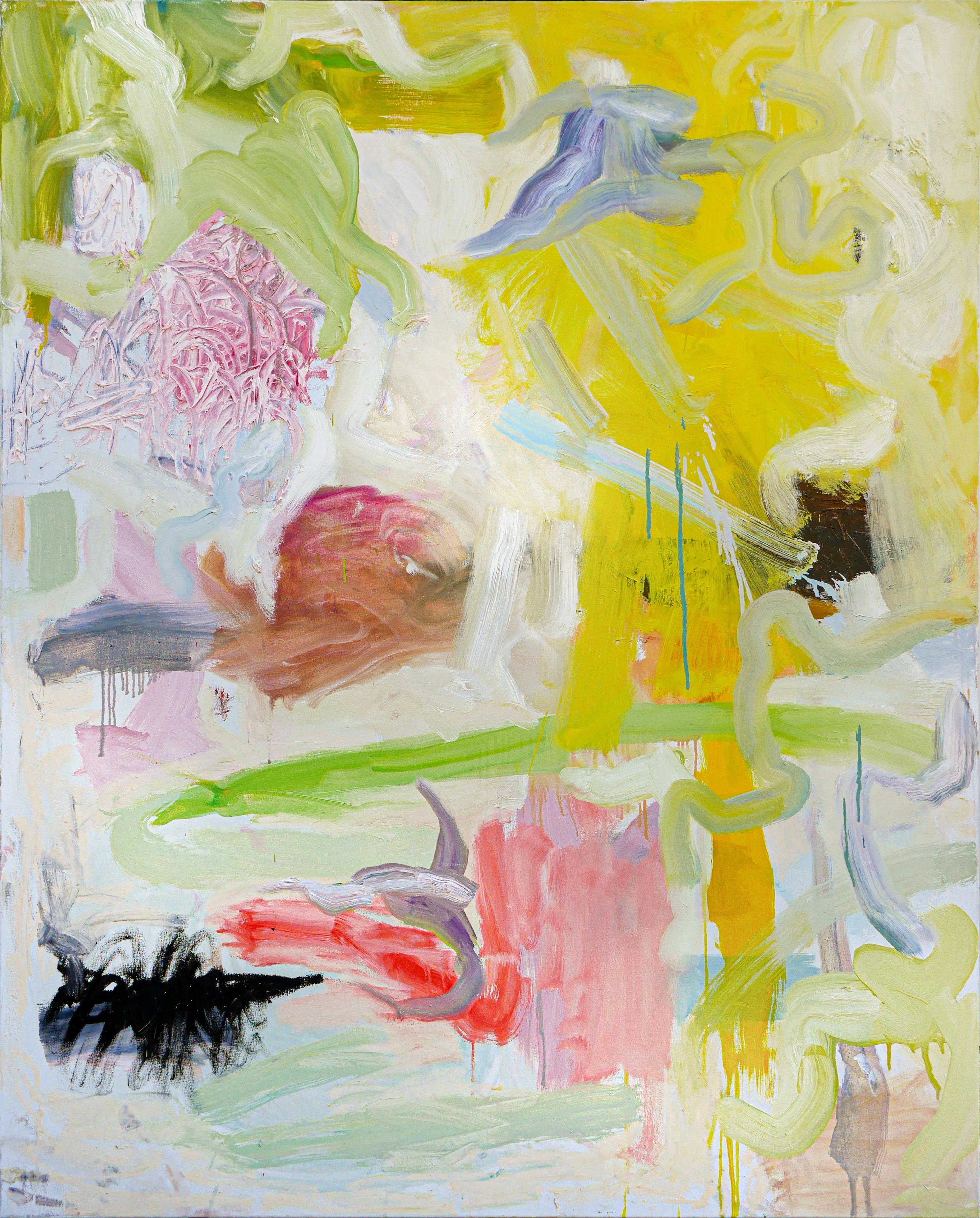 Peinture contemporaine abstraite vert pastel, rose, gris et bleu « Garden #3 »