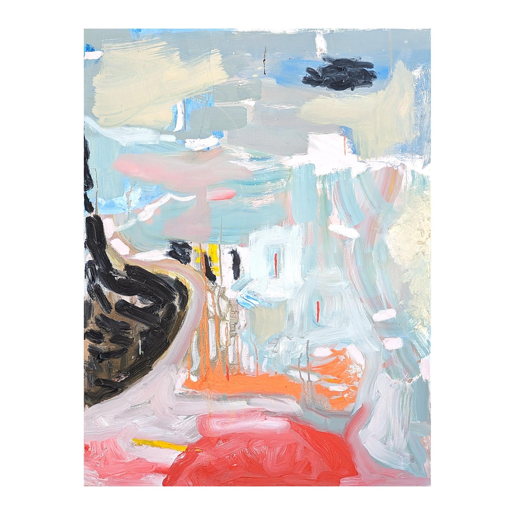 Abstract expressionist oil painting by contemporary Houston artist Benji Stiles. The work features gestural marks in pastel blue, orange, red, and black set against a grey background. Currently unframed, but options are available.

Artist Biography: