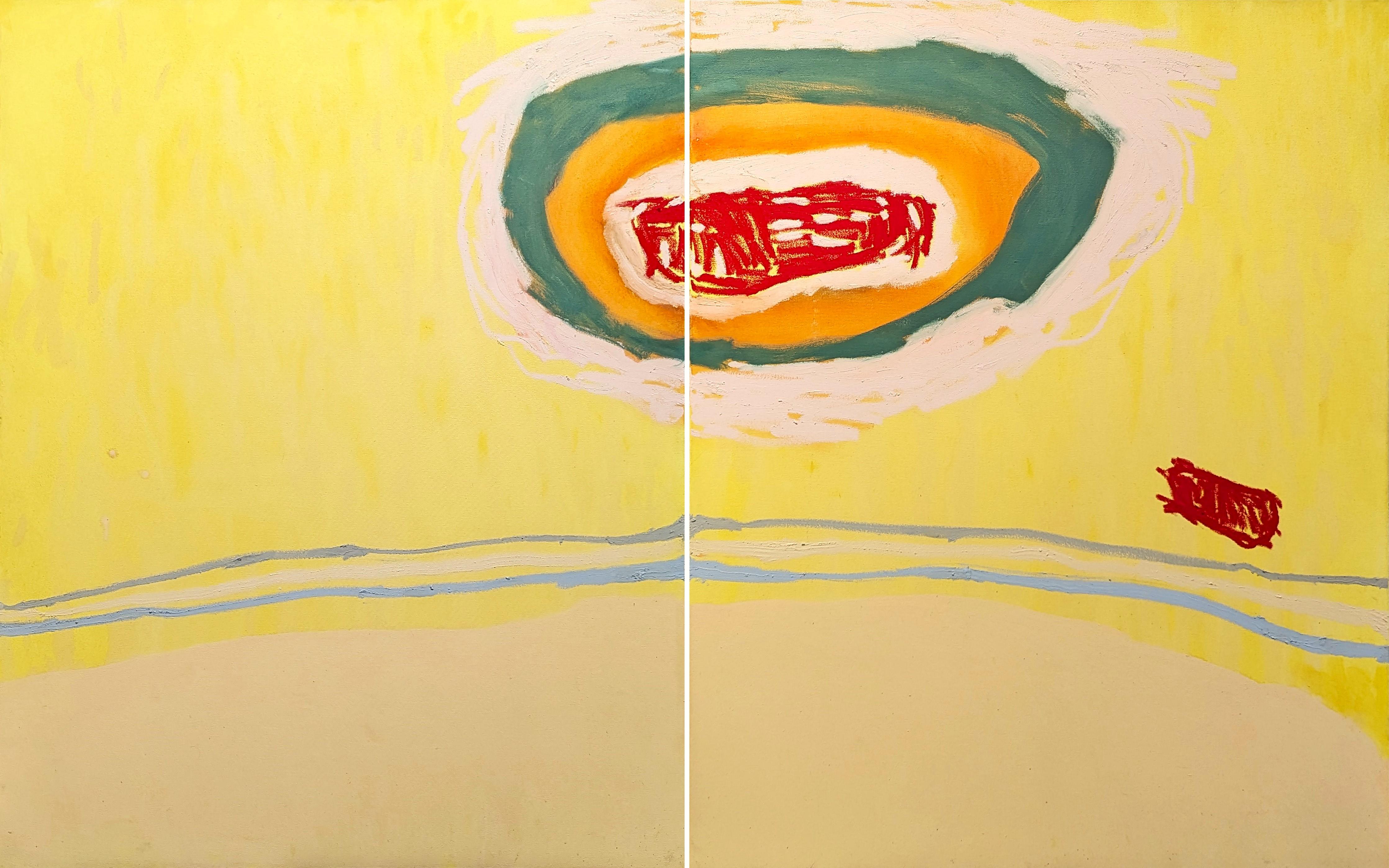 Abstract Painting Benji Stiles - "Mars Rising Over Flesh" Peinture abstraite contemporaine en diptyque jaune & Greene Greene
