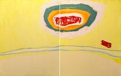 "Mars Rising Over Flesh" Peinture abstraite contemporaine en diptyque jaune & Greene Greene