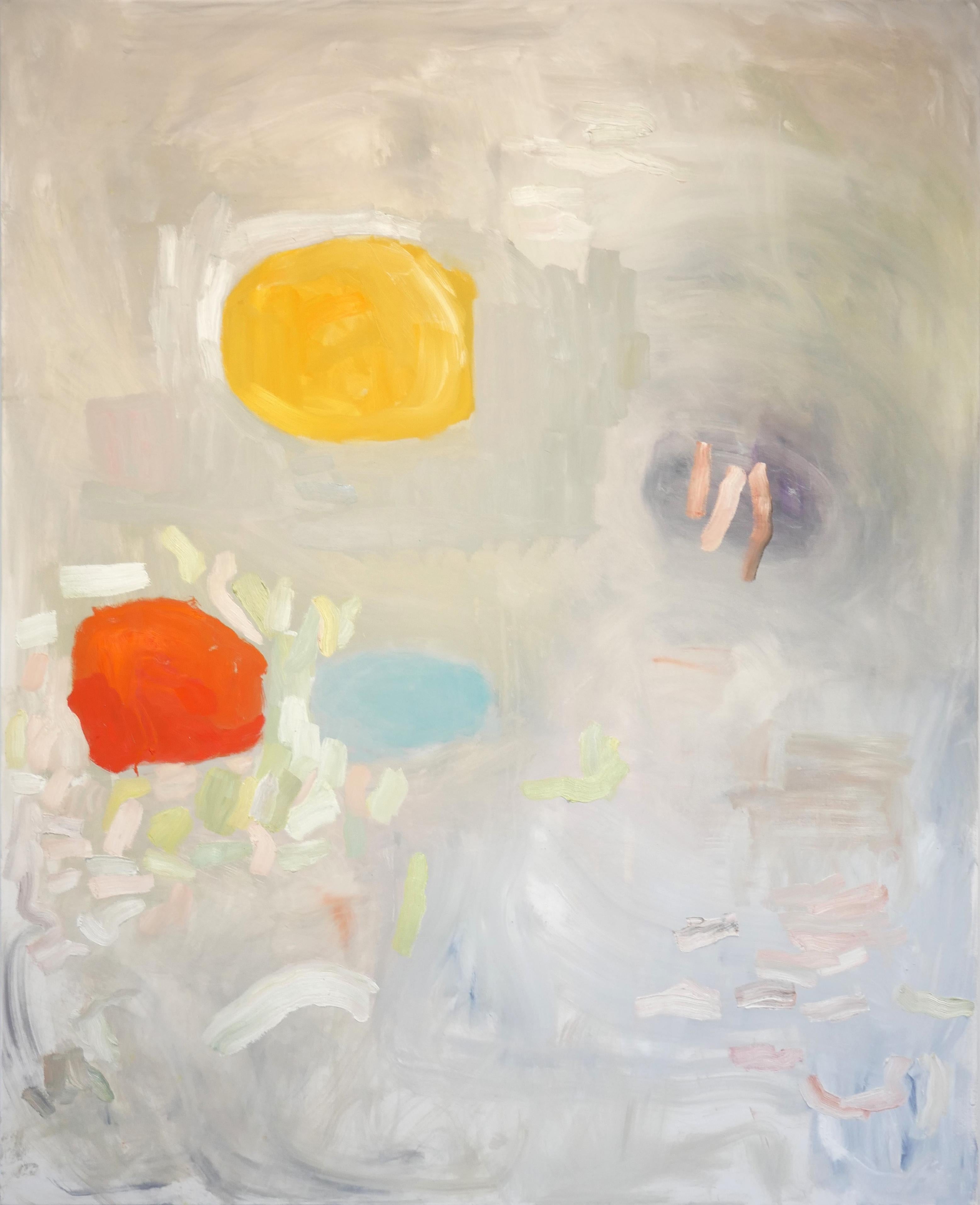 "Moonrise #2" Pittura contemporanea astratta a pastello di colore rosso, giallo e blu - Art di Benji Stiles