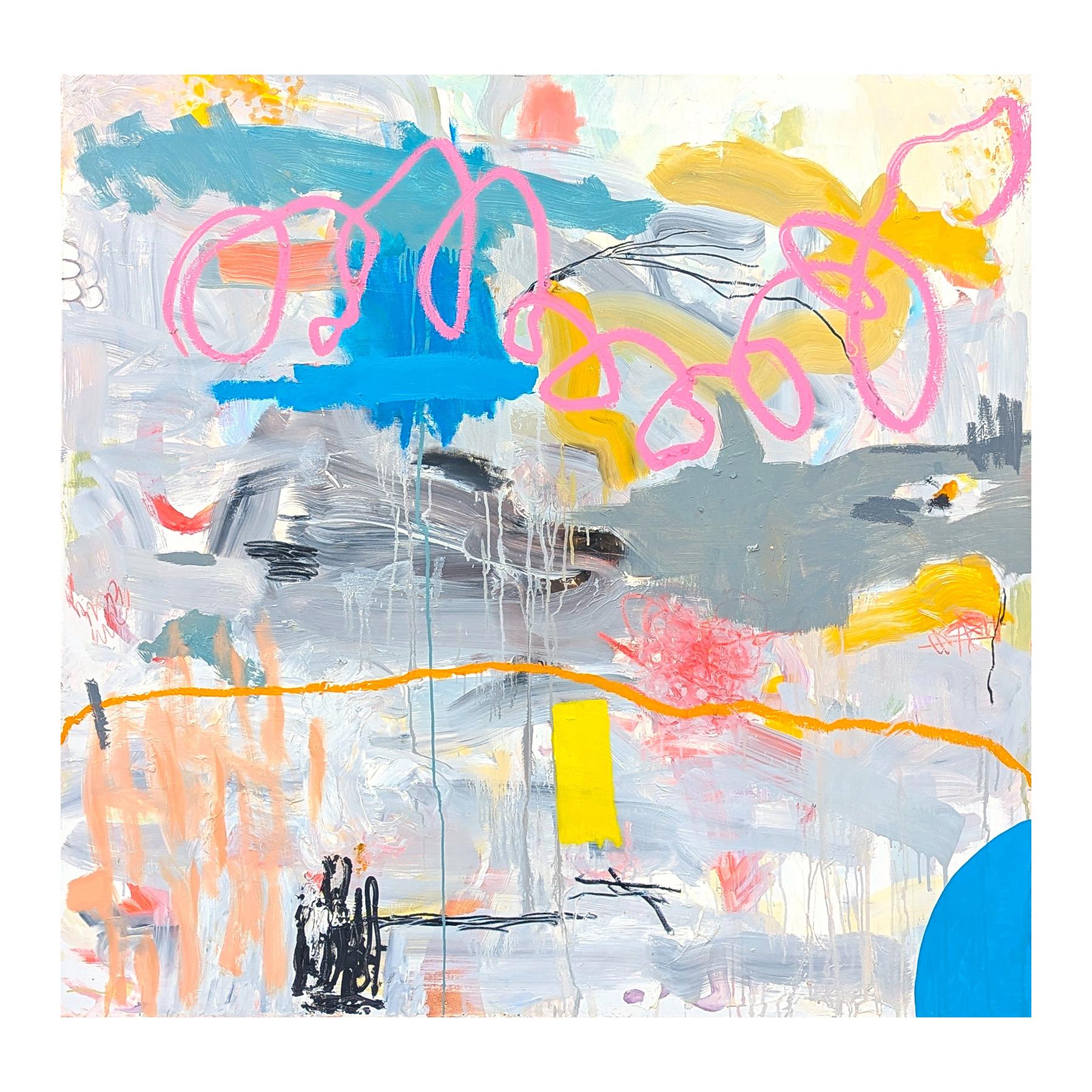 Abstract expressionist oil painting by contemporary Houston artist Benji Stiles. The work features gestural marks in bold pink, blue, and yellow set against a white and grey background. Currently unframed, but options are available.

Artist