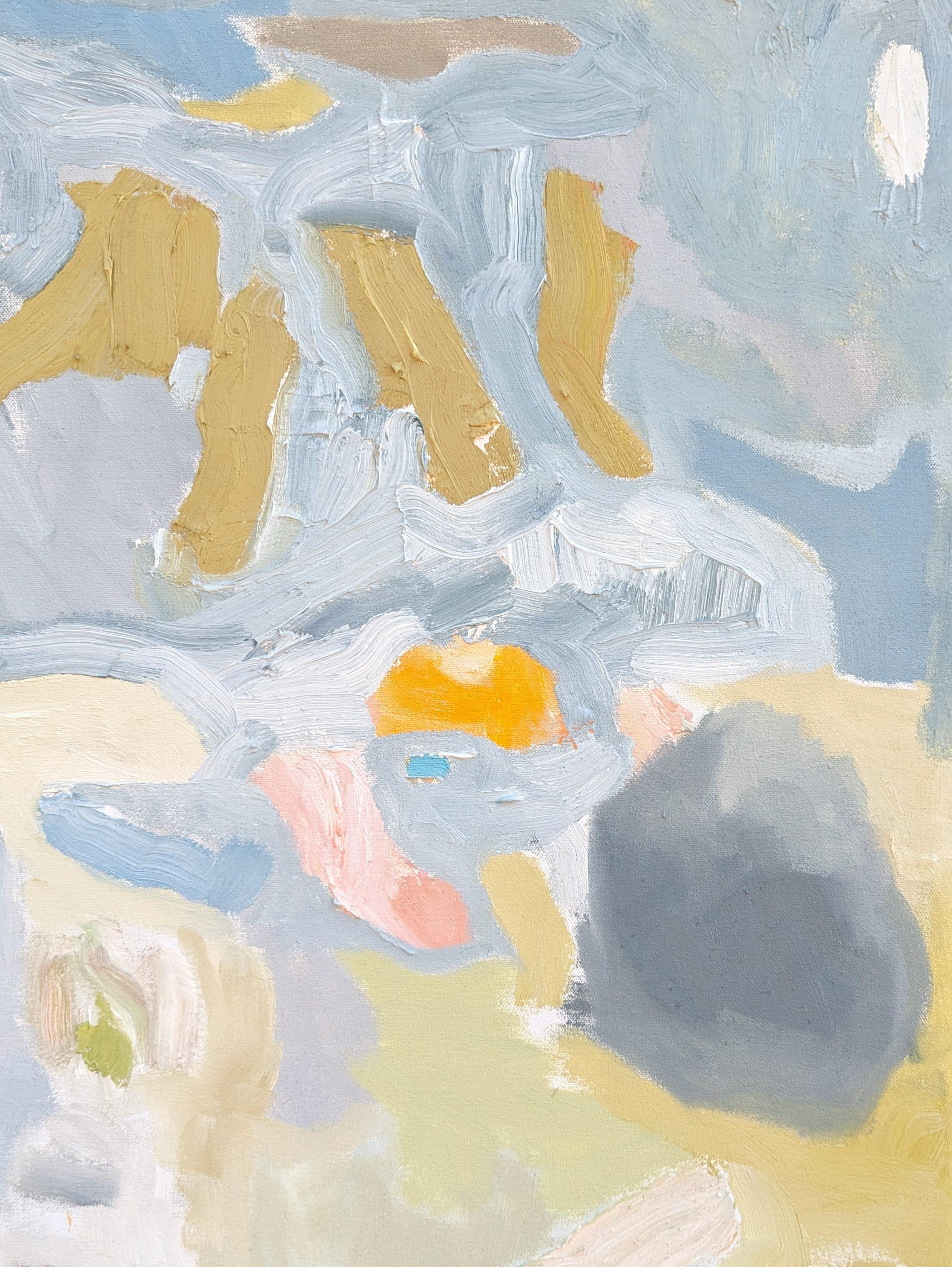 Quadro a olio espressionista astratto dell'artista contemporaneo di Houston Benji Stiles. L'opera presenta segni gestuali in blu, arancione e verde pastello su uno sfondo bianco. Attualmente non è incorniciato, ma sono disponibili