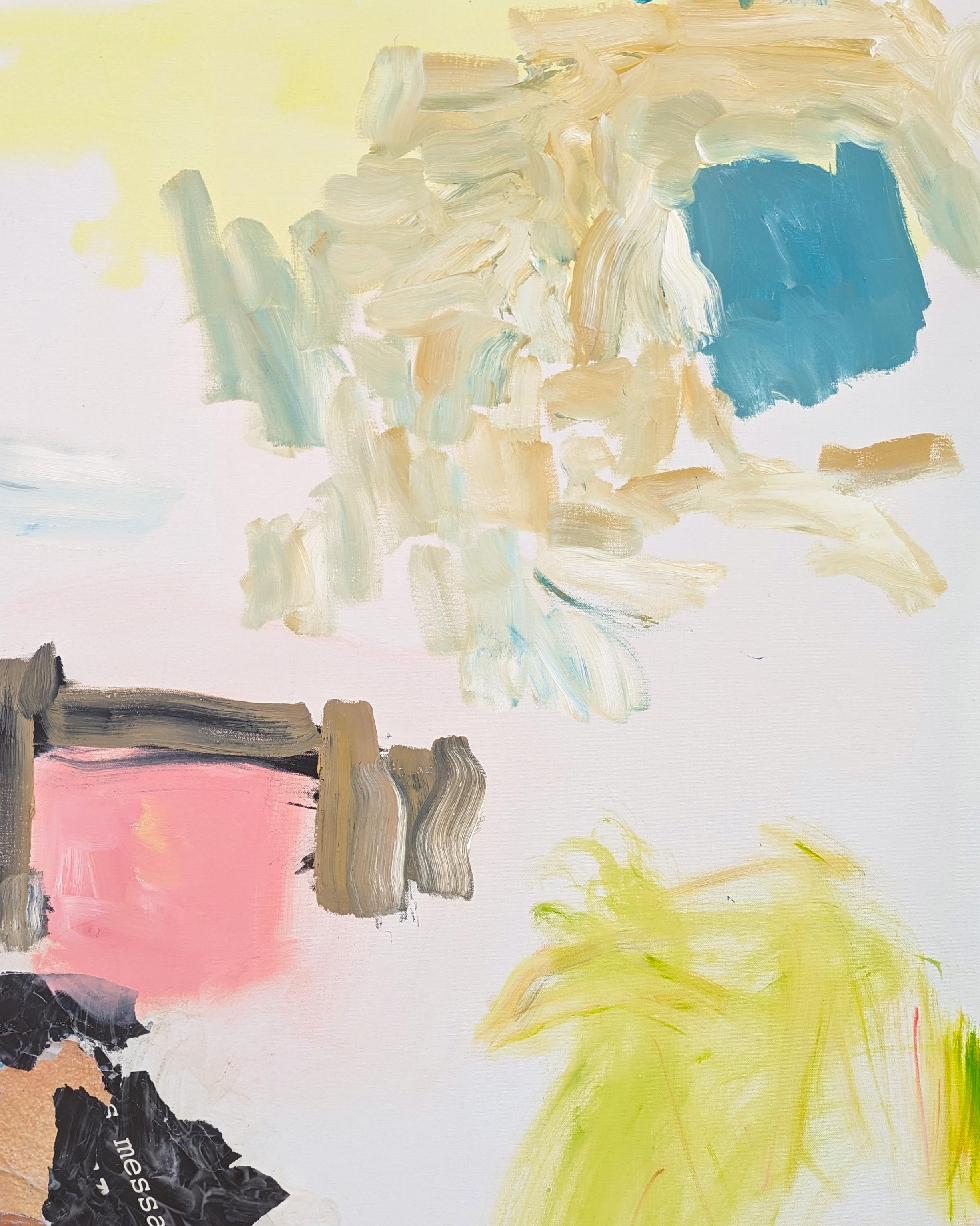 Peinture à l'huile expressionniste abstraite de l'artiste contemporain de Houston Benji Stiles. L'œuvre présente des marques gestuelles en rose, jaune et bleu pastel sur un fond blanc cassé. Actuellement non encadré, mais des options sont