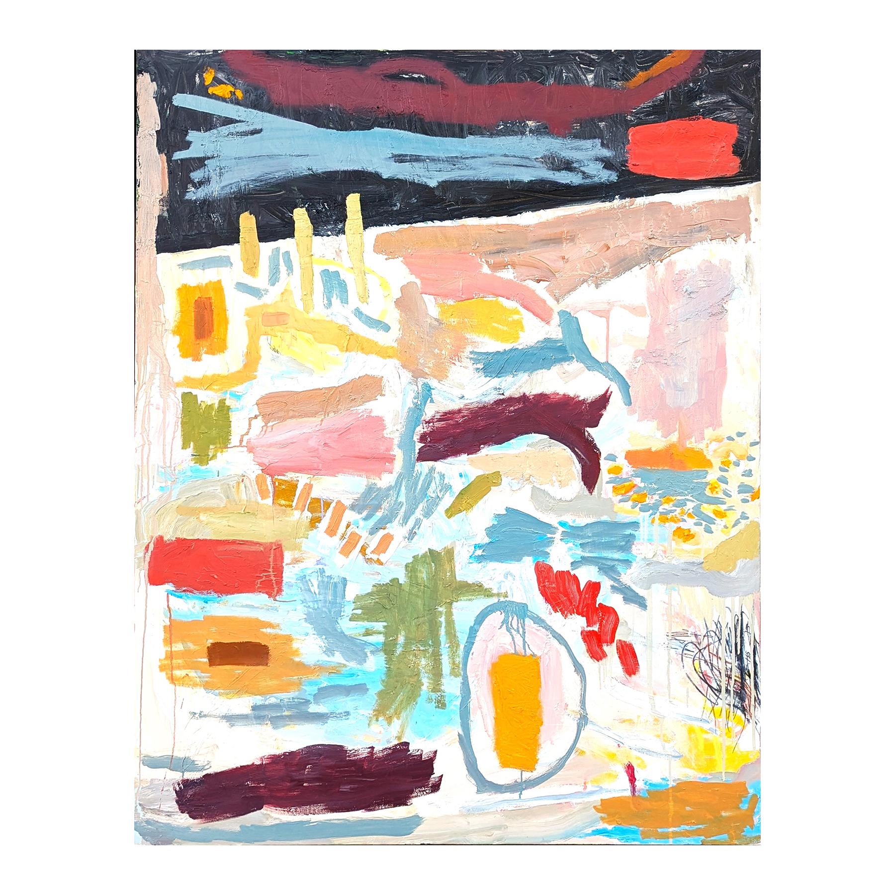 Abstraktes expressionistisches Ölgemälde des zeitgenössischen Künstlers Benji Stiles aus Houston. Das Werk zeigt gestische Zeichen in pastellfarbenem Orange, Gelb, Blau und Grün vor einem cremefarbenen Hintergrund. Derzeit ungerahmt, aber Optionen