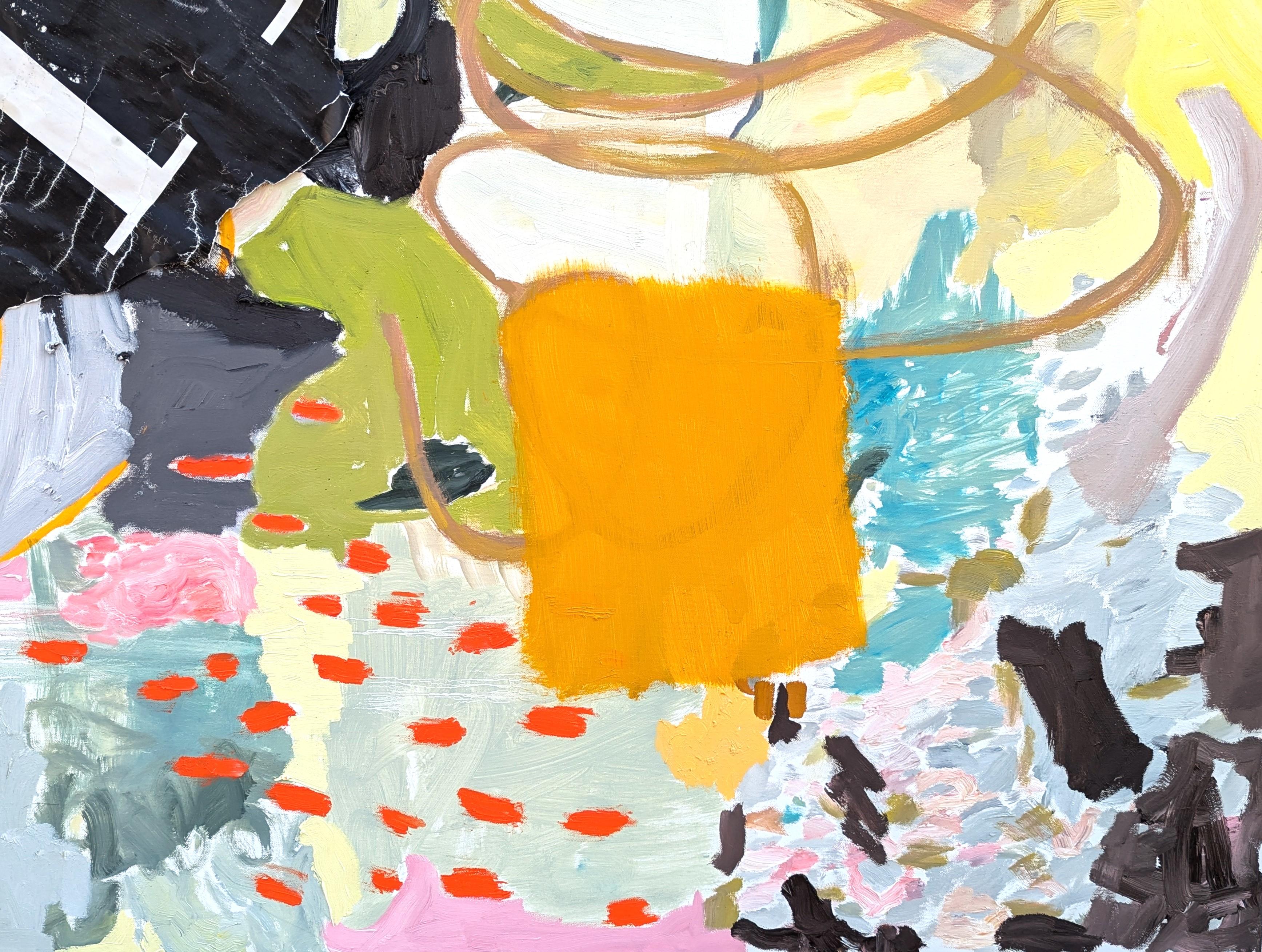 Pintura al óleo expresionista abstracta del artista contemporáneo de Houston Benji Stiles. La obra presenta marcas gestuales en colores pastel naranja, amarillo, azul y verde sobre un fondo blanquecino. Actualmente sin enmarcar, pero hay opciones
