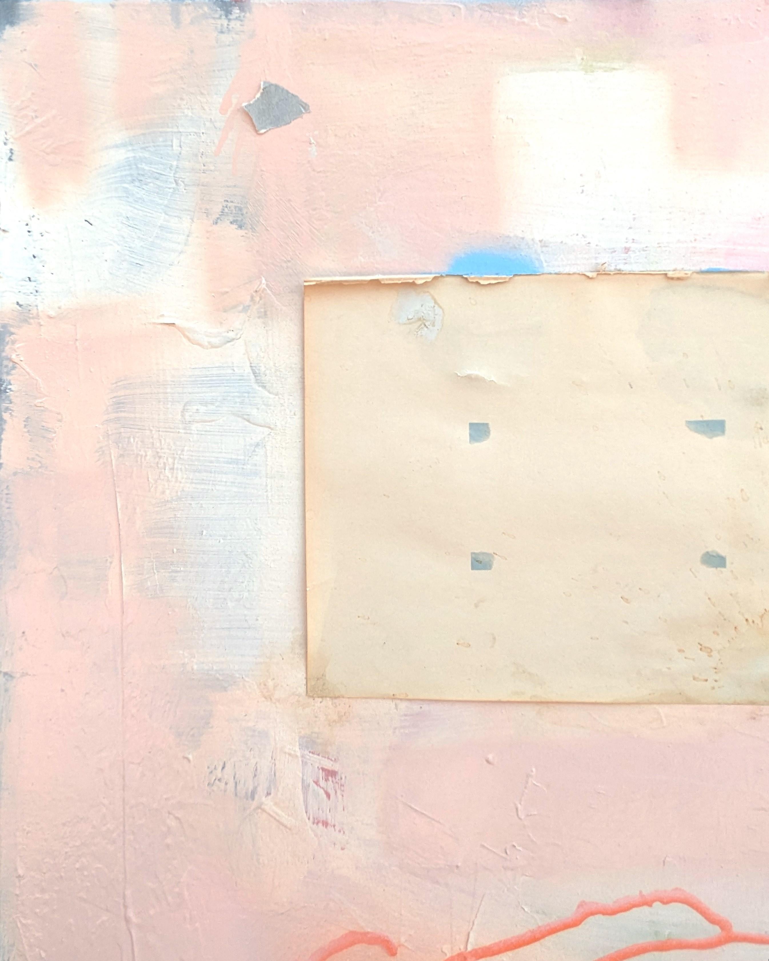 Abstract expressionist oil painting by contemporary Houston artist Benji Stiles. The work features a book page surrounded by gestural marks in pastel blue and orange set against a pink background. Currently unframed, but options are