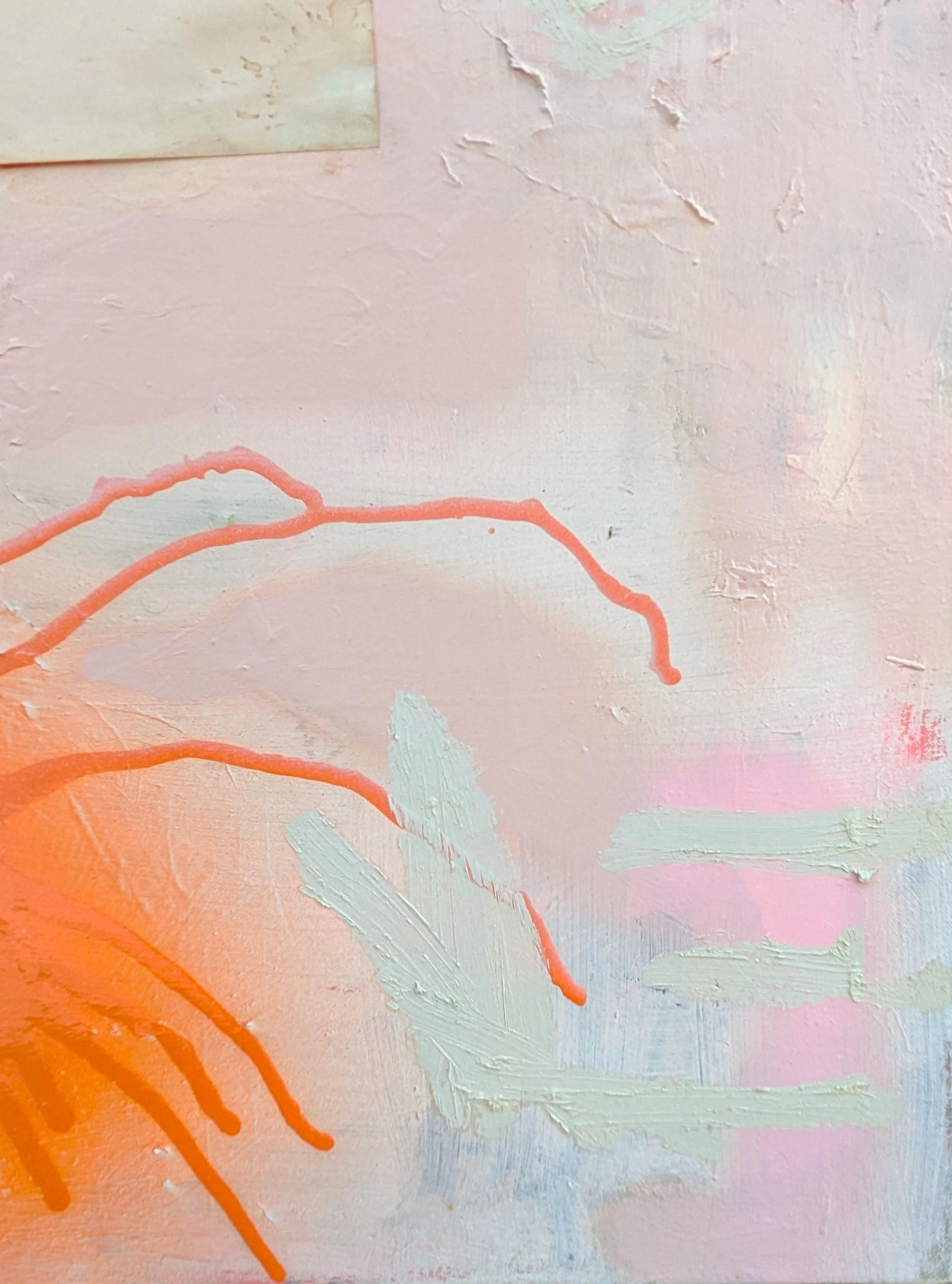 Abstraktes expressionistisches Ölgemälde des zeitgenössischen Künstlers Benji Stiles aus Houston. Das Werk zeigt eine Buchseite, die von gestischen Zeichen in Pastellblau und Orange vor einem rosa Hintergrund umgeben ist. Derzeit ungerahmt, aber