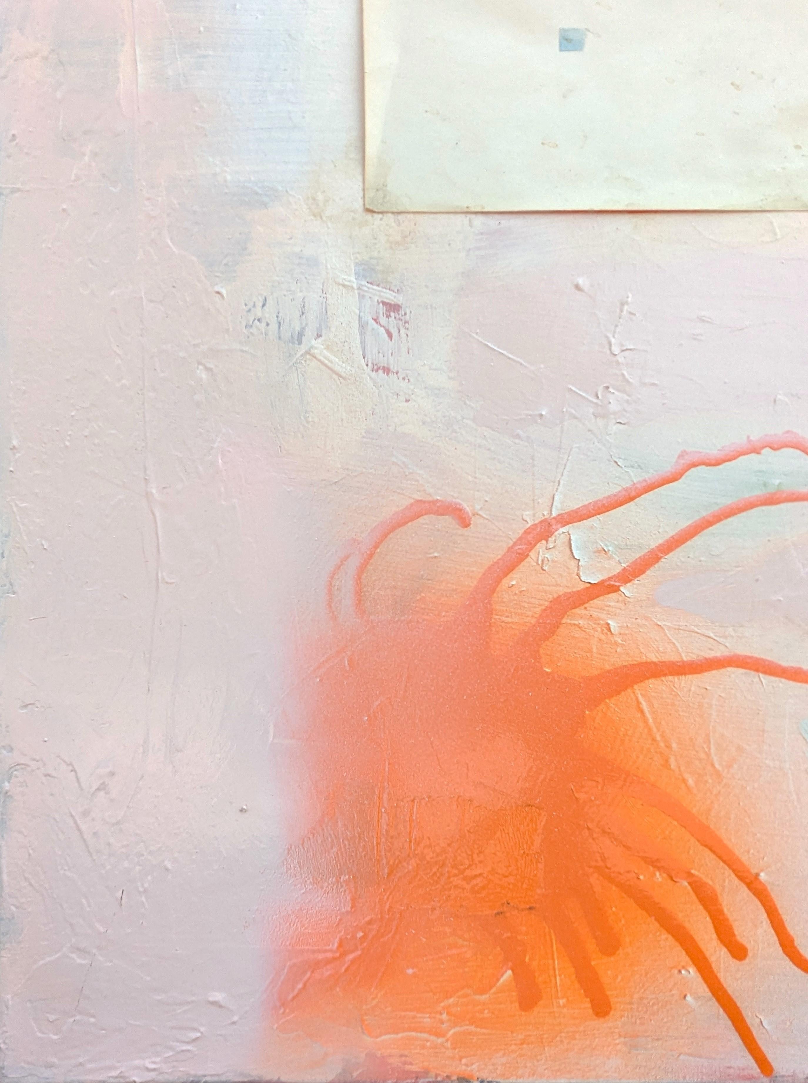 Pintura al óleo expresionista abstracta del artista contemporáneo de Houston Benji Stiles. La obra presenta una página de libro rodeada de marcas gestuales en azul pastel y naranja sobre un fondo rosa. Actualmente sin enmarcar, pero hay opciones