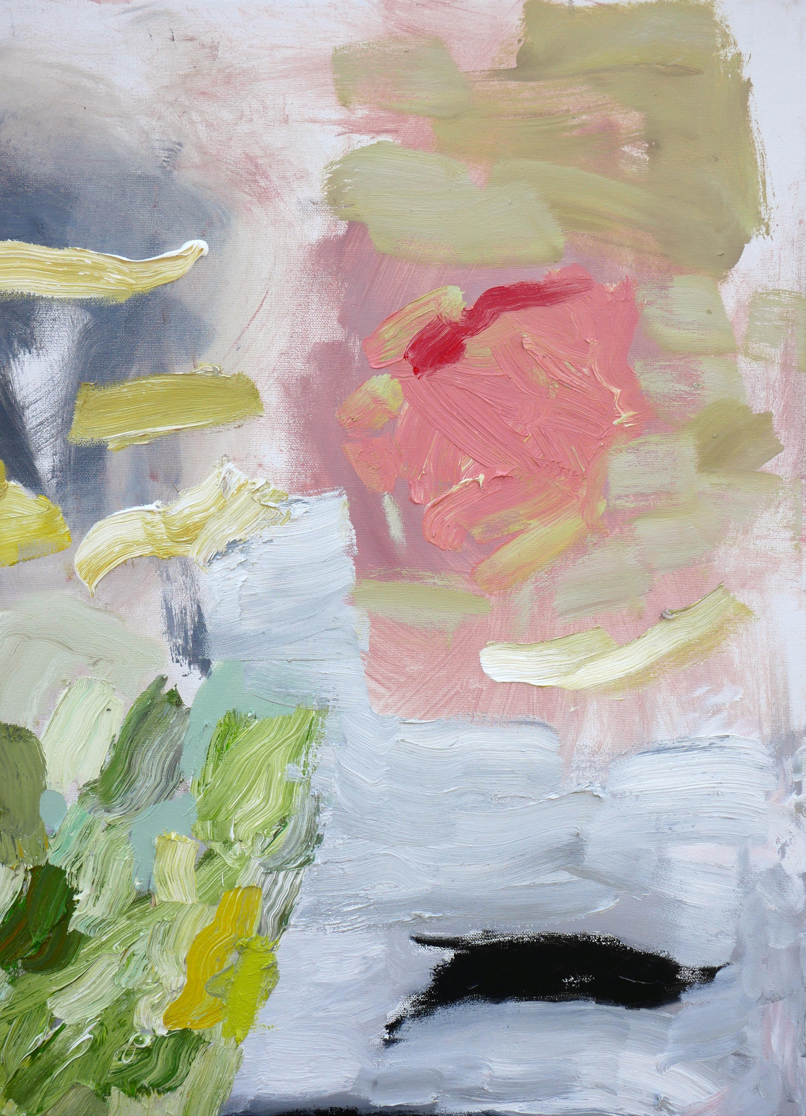 Abstract expressionist oil painting by contemporary Houston artist Benji Stiles. The work features gestural marks and rounded shapes in pastel pink, yellow, and green set against a light grey background. Currently unframed, but options are