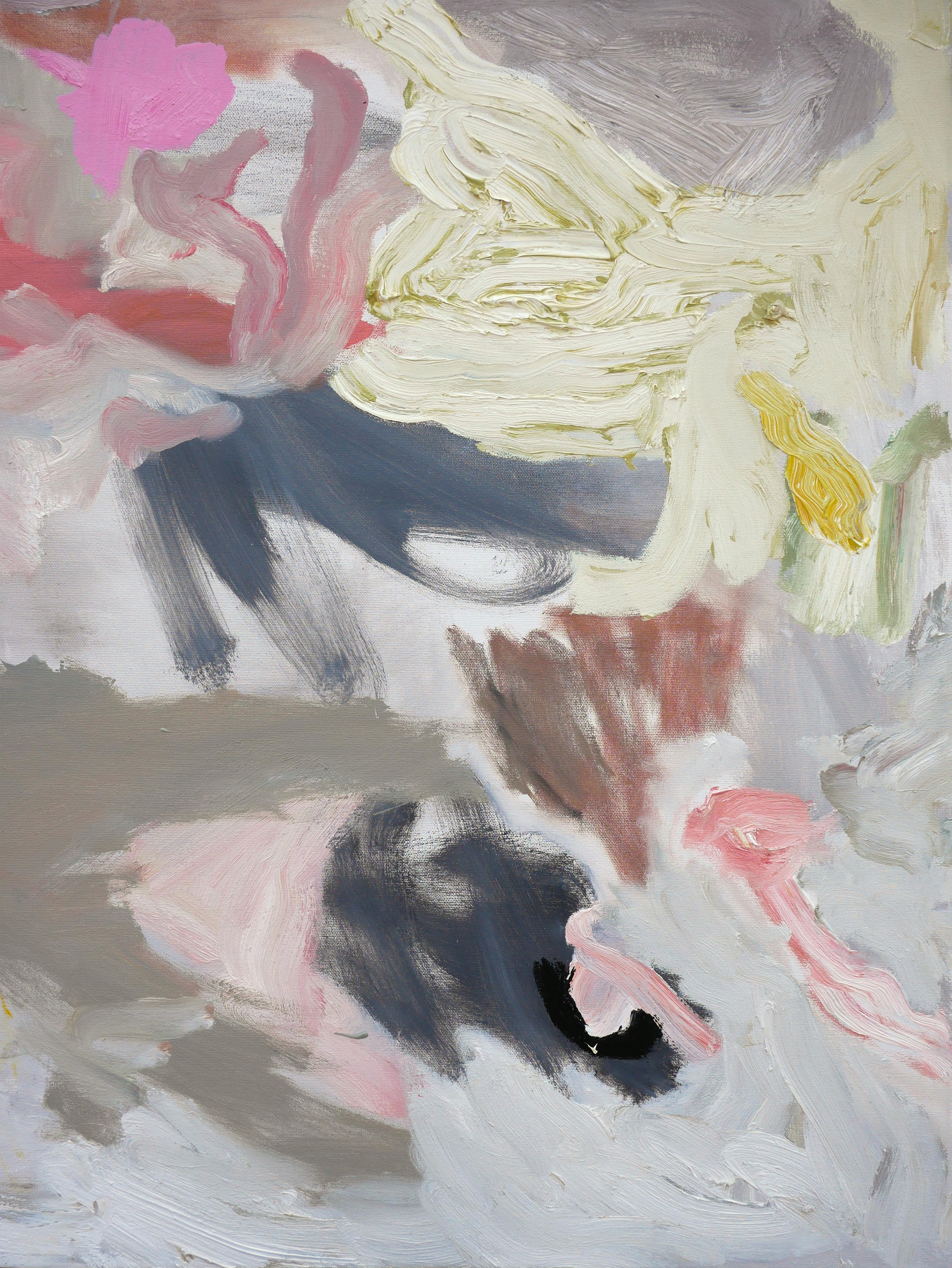 Pintura al óleo expresionista abstracta del artista contemporáneo de Houston Benji Stiles. La obra presenta marcas gestuales y formas redondeadas en rosa pastel, amarillo y verde sobre un fondo gris claro. Actualmente sin enmarcar, pero hay opciones