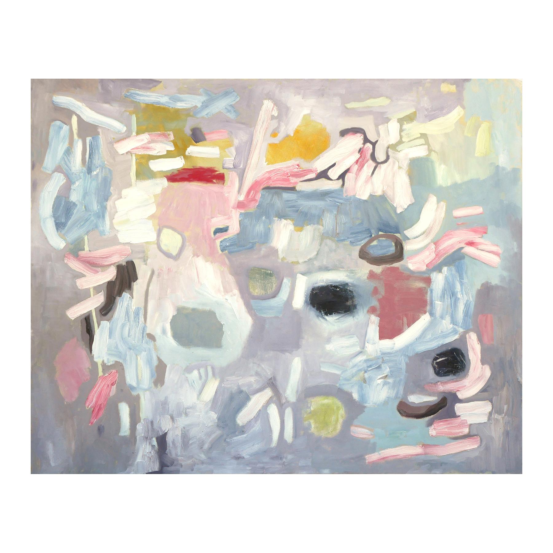 Abstract expressionist oil painting by contemporary Houston artist Benji Stiles. The work features gestural marks and rounded shapes in pastel pink, yellow, and blues set against a light grey background. Currently unframed, but options are