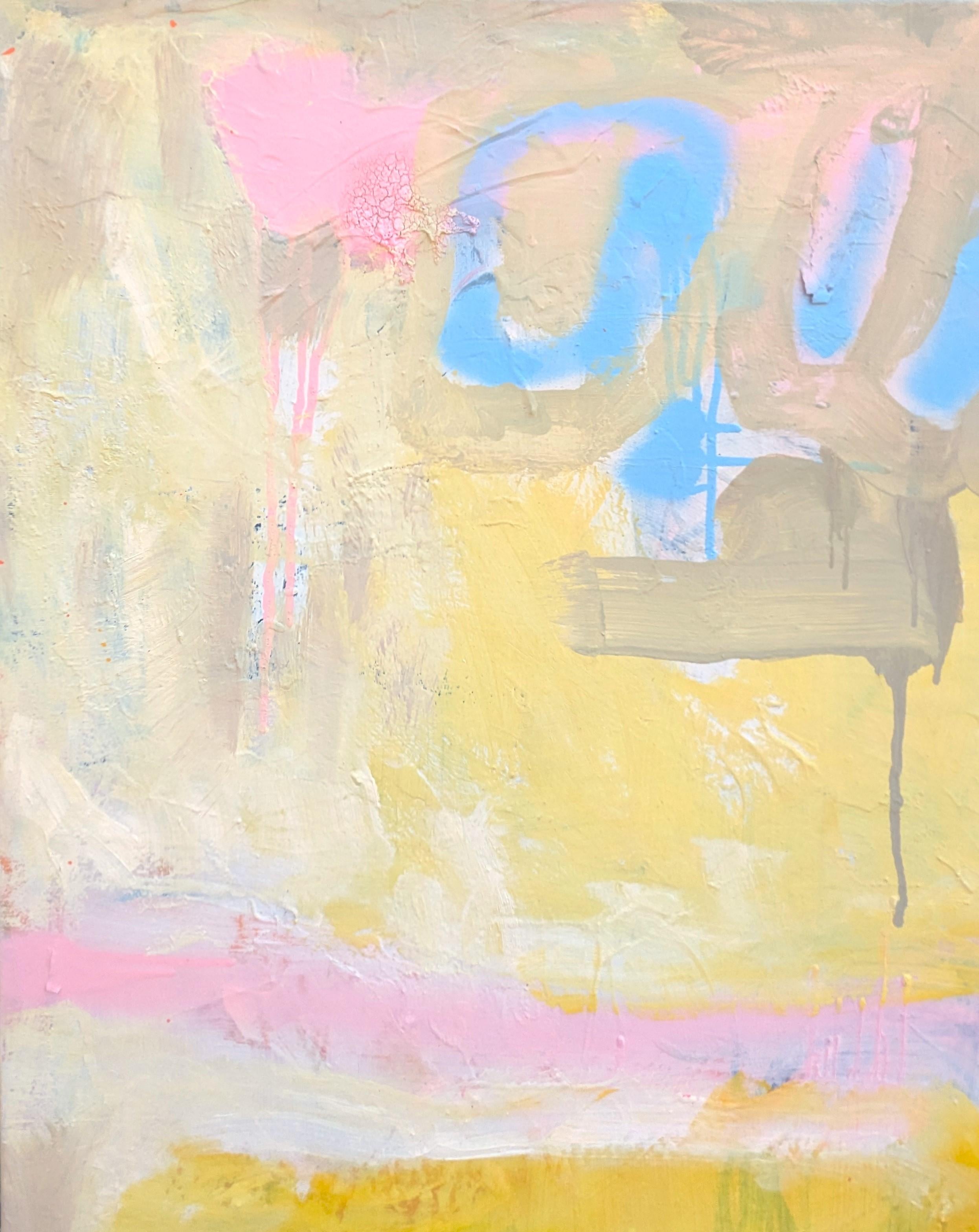 Abstract expressionist oil painting by contemporary Houston artist Benji Stiles. The work features gestural marks in pastel pink, blue, and yellow set against a tan background. Currently unframed, but options are available.

Artist Biography: Born