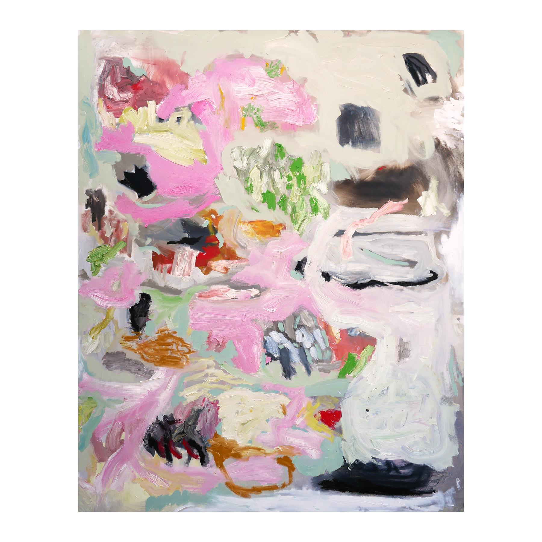 Abstract expressionist oil painting by contemporary Houston artist Benji Stiles. The work features gestural marks and rounded shapes in pastel pink, green, and orange tones set against a light background. Currently unframed, but options are