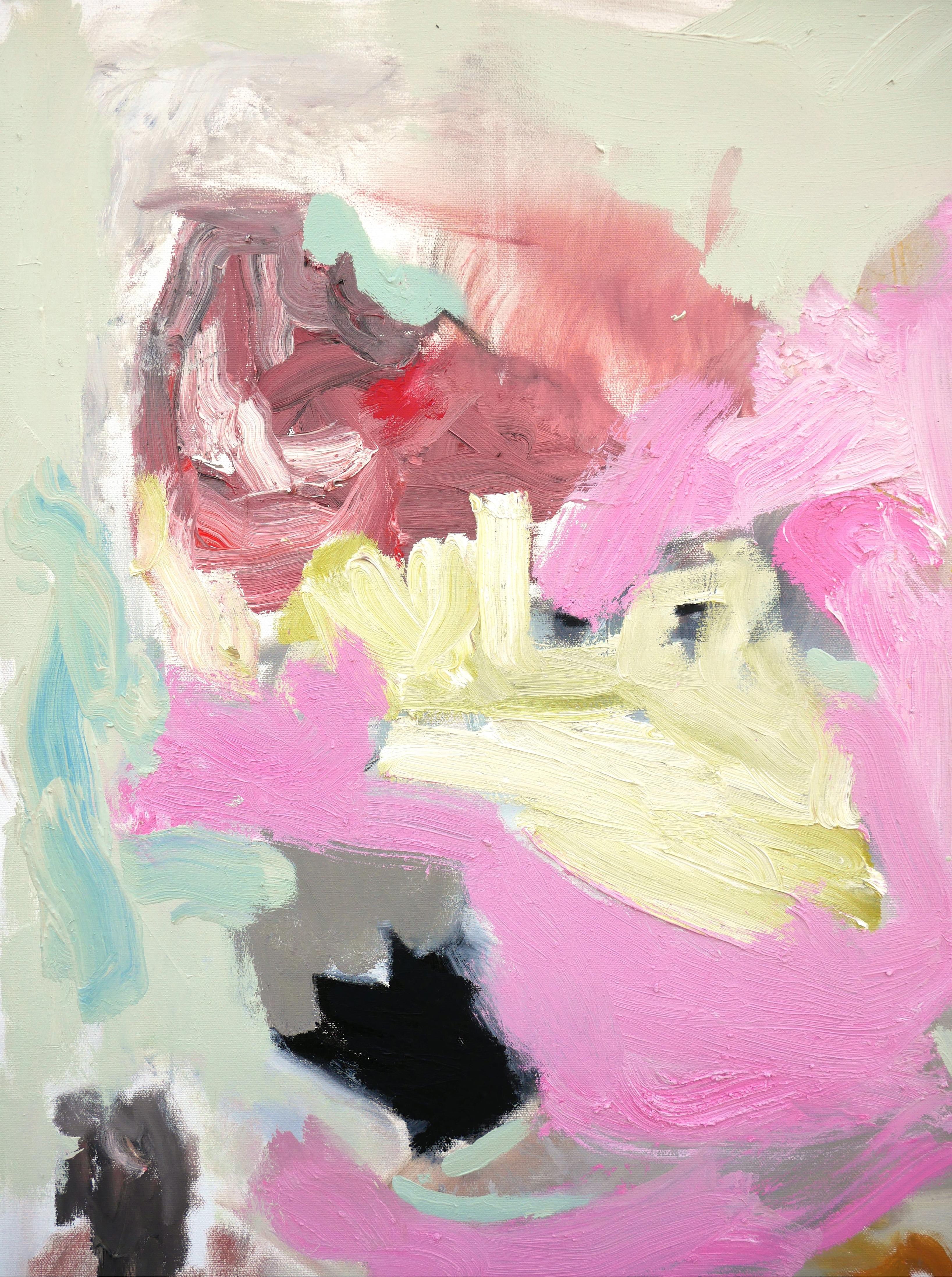 Quadro a olio espressionista astratto dell'artista contemporaneo di Houston Benji Stiles. L'opera presenta segni gestuali e forme arrotondate nei toni pastello del rosa, del verde e dell'arancione su uno sfondo chiaro. Attualmente non è