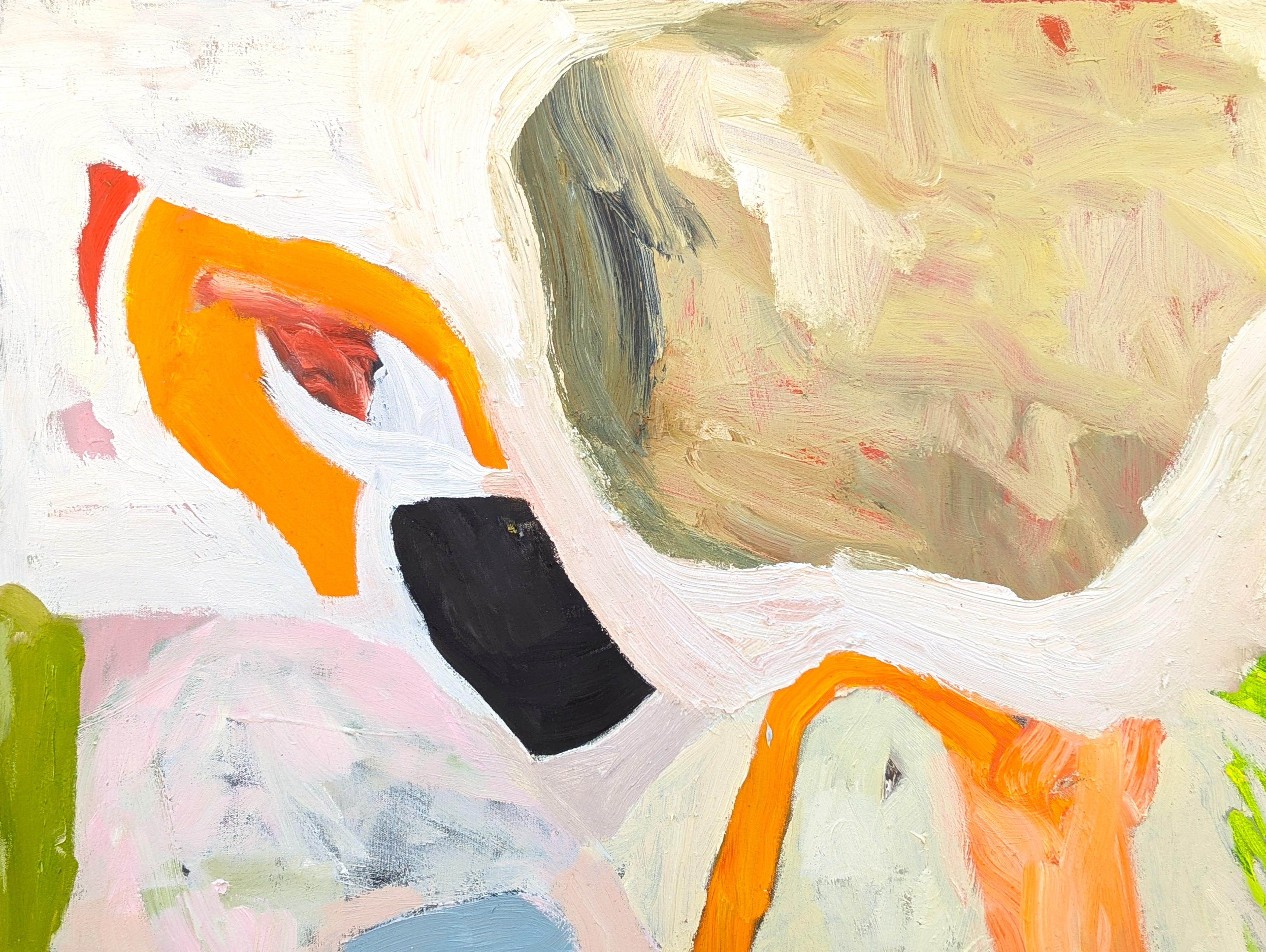 Quadro a olio espressionista astratto dell'artista contemporaneo di Houston Benji Stiles. L'opera presenta segni gestuali in arancione, marrone, blu e verde pastello su uno sfondo bianco sporco. Firmato, intitolato e datato sul retro. Attualmente