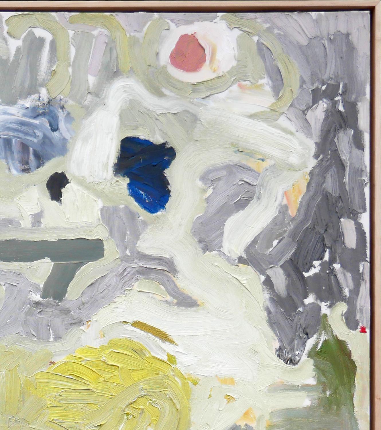 Contemporary colorful pastel abstract painting by local Houston artist Benji Stiles. The painting depicts light green, peach, dark deep blue, and a bright red shape against a light green and gray background. Framed in a natural wood modern floating