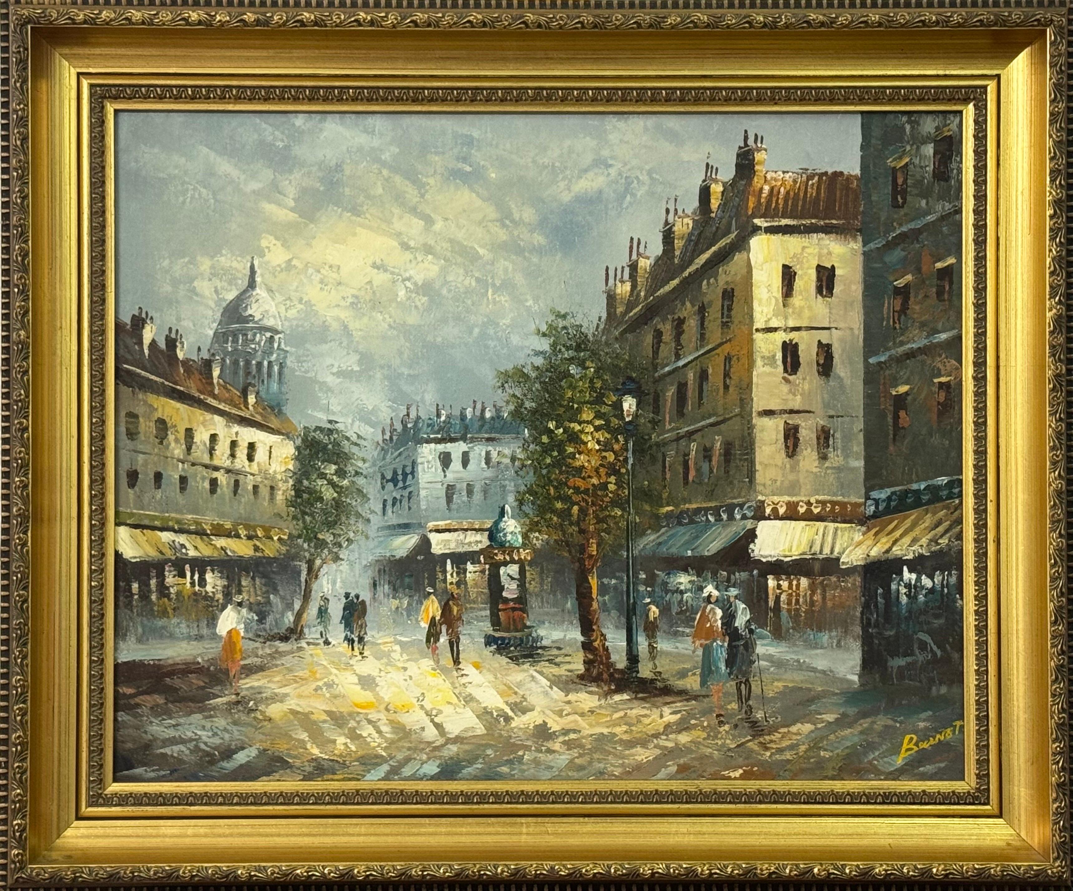 Pariser Straßenszene mit Figuren eines britischen Künstlers (Braun), Landscape Painting, von Bennett