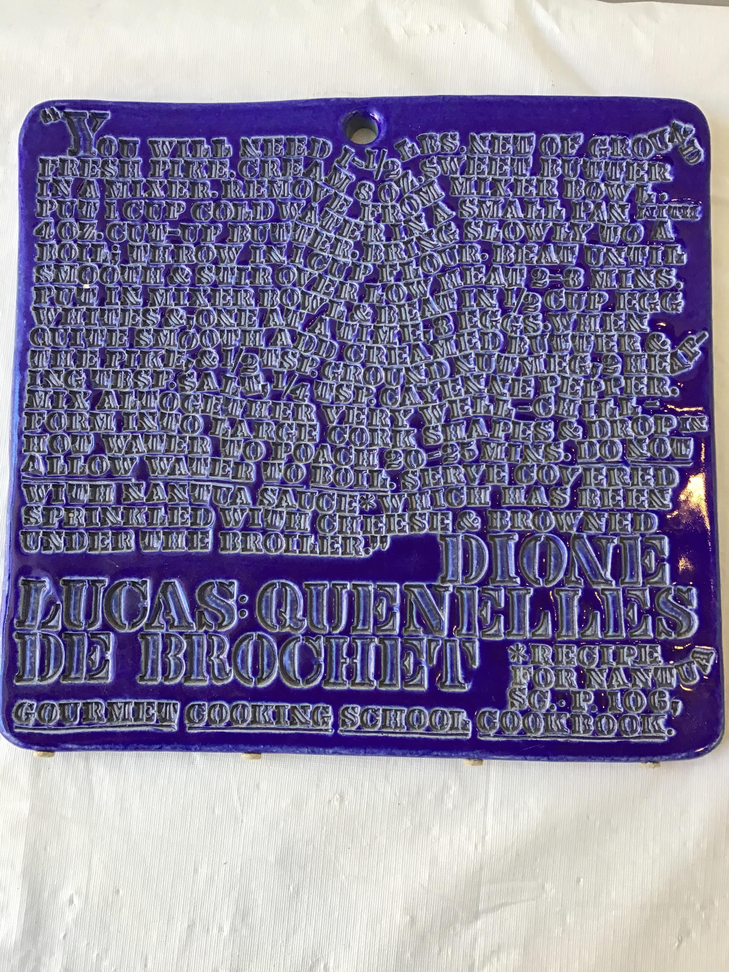1960s Bennington potters Dione Lucas recipe plaque.
