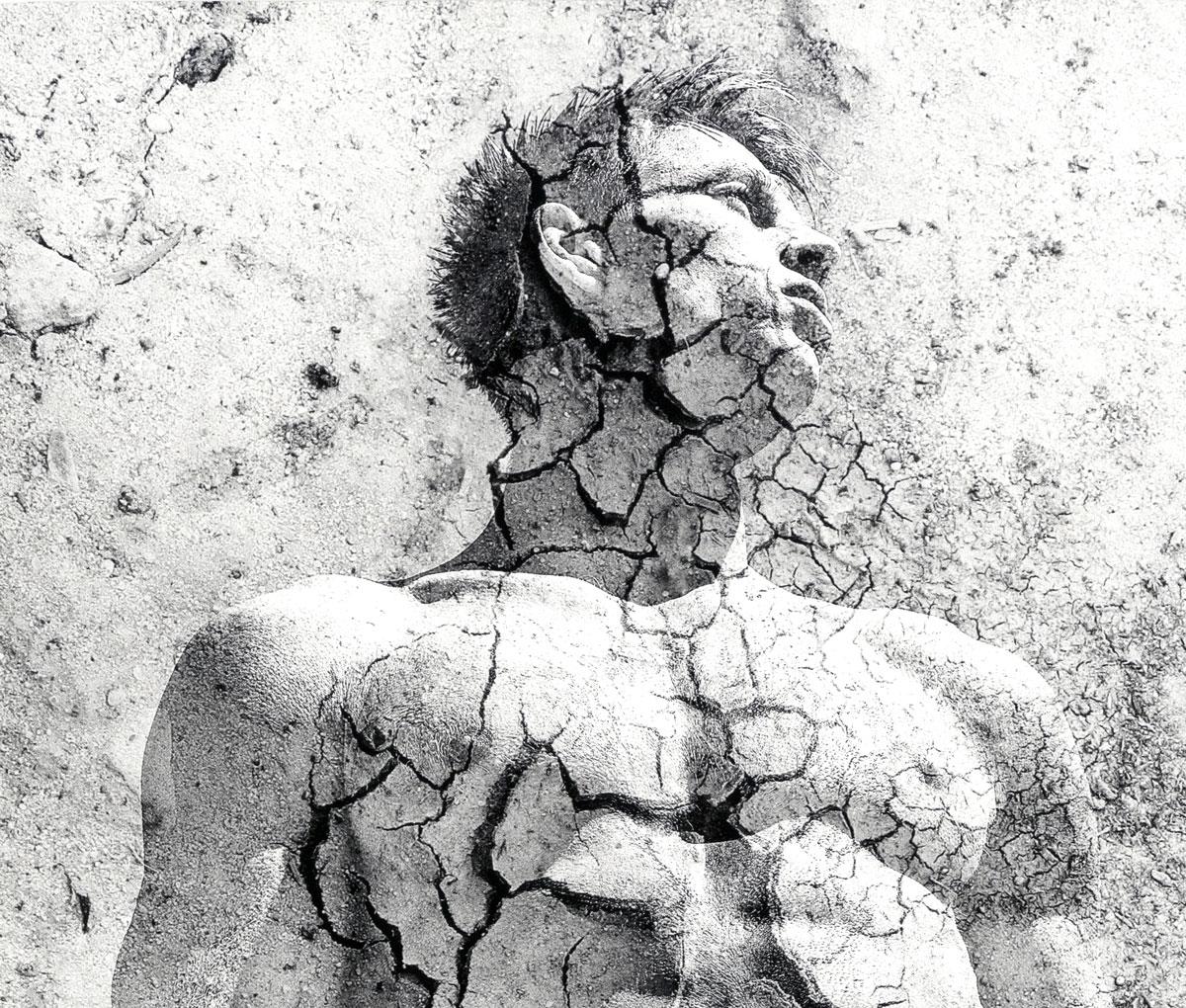 Dry Earth Sculpture (young nude male photo superimposed on cracked earth photo) - Photograph by Benno Thoma