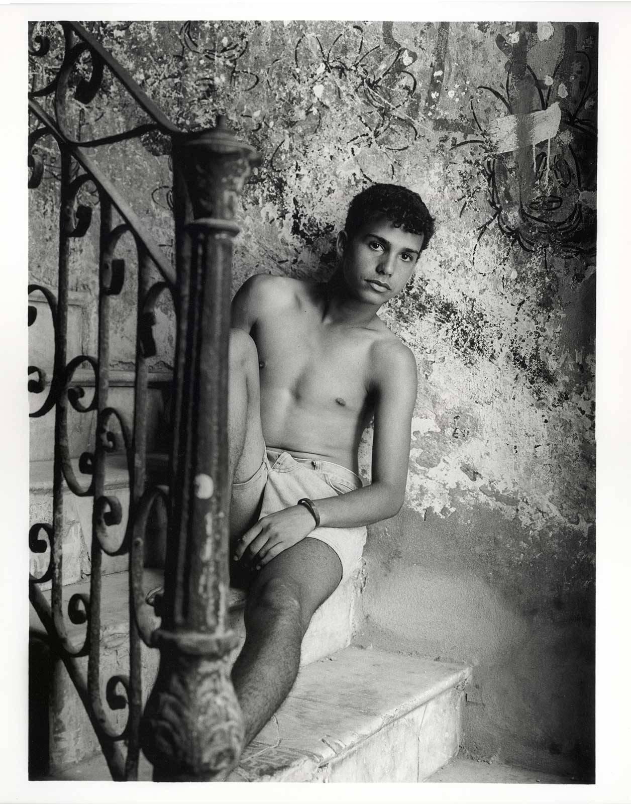 Benno Thoma Nude Photograph - Jose, Cuba (shirtless teen boy in elegantly decadent architectural stairway)