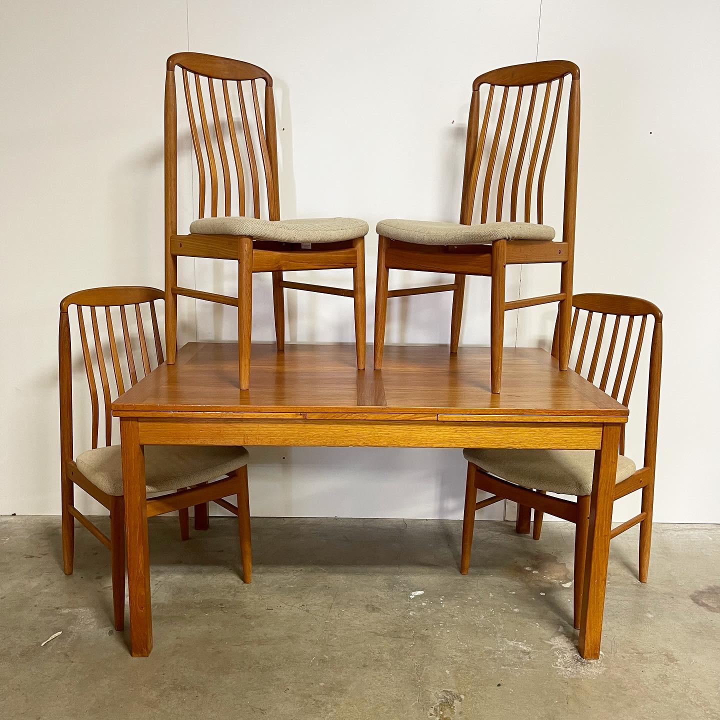 Beautiful Table set. Benny Lindén chairs. All Teak wood. Draw leaf Danish teak table in good condition. One blemish/ding on one corner. Leaves draw nice and smooth! Chairs are INCREDIBLY comfortable and compliment the arch in your back making you