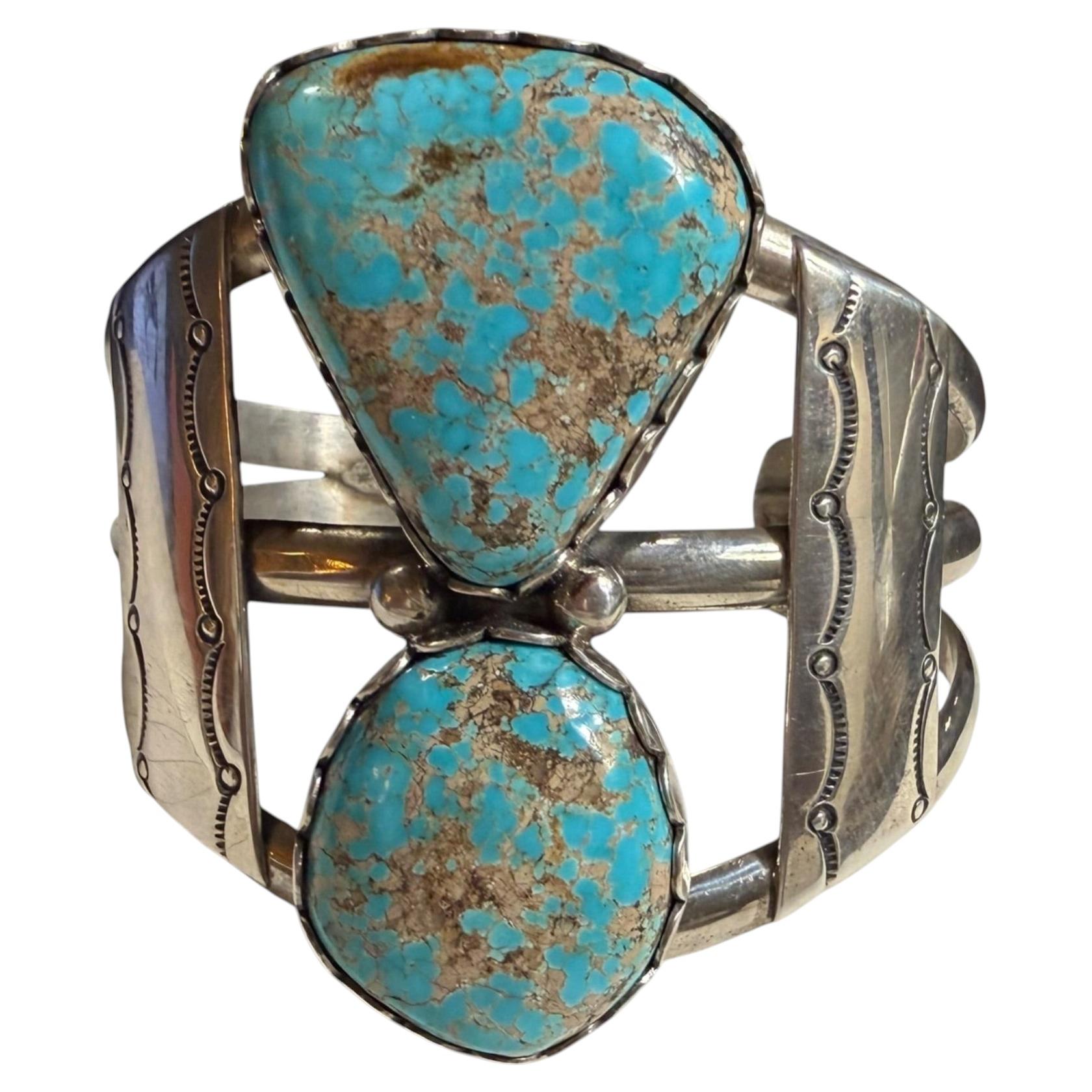 Bracelet manchette Benny Pinto Navajo en argent massif et turquoise