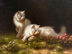 "Gatti persiani con fiori" Ritratto ad olio di due gatti bianchi in un giardino