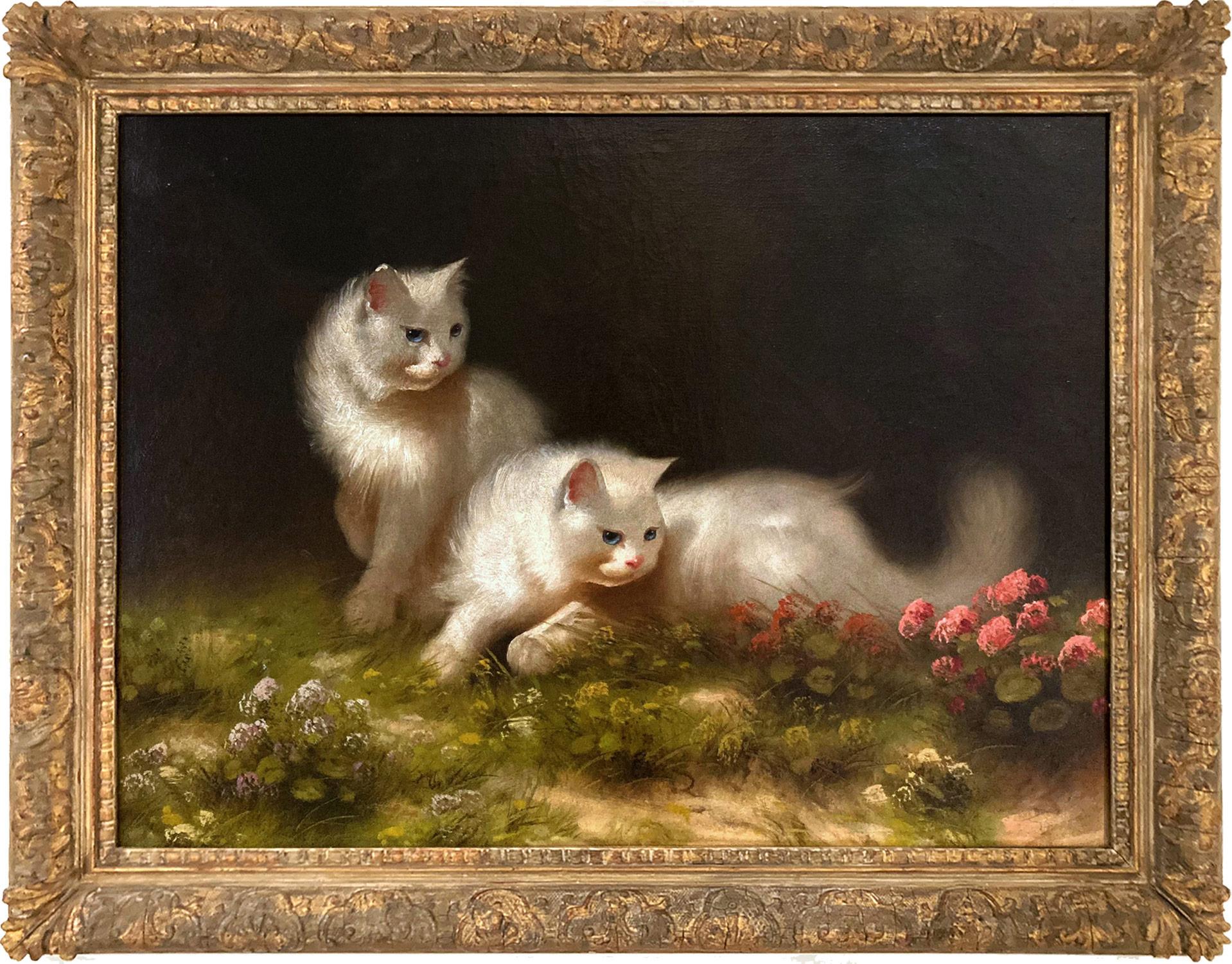 Animal Painting di Beno Boleradsky - "Gatti persiani con fiori" Ritratto ad olio di due gatti bianchi in un giardino
