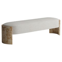 "Benoit" Curved Burl Bench in Dove Performance Linen by Christiane Lemieux
