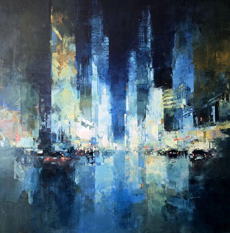 Benoit Havard, "Broadway Nights" 40x40 Manhattan NYC Oil Painting on Canvas