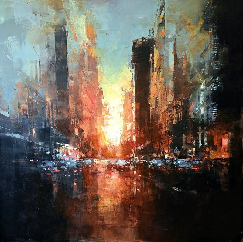 "Golden Hour", is a 36x36 evocative Manhattan cityscape which captures the pulse of the city suspended between day and night. Warm amber and golden light radiates through towering skyscrapers, reflecting off rain-slick streets and dissolving into