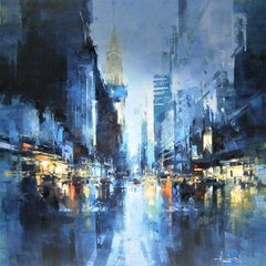 Benoit Havard, "Lexington Ave." 35x35 Manhattan NYC Blue Oil Painting on Canvas