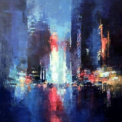 Benoit Havard, "Neon Capitol" 36x36 Manhattan NYC Oil Painting on Canvas