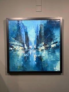 Benoit Havard, "Skyline Glow" 40x40 Manhattan NYC Oil Painting on Canvas