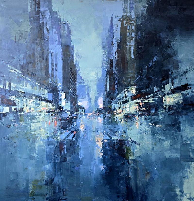 "Skyline Blue", is a 40x40 oil painting on canvas by artist Benoit Havard featuring a colorful blue view down a street in New York City. A light blue sky reflects into the street and is complimented by an deeper blue haze among the buildings and sky